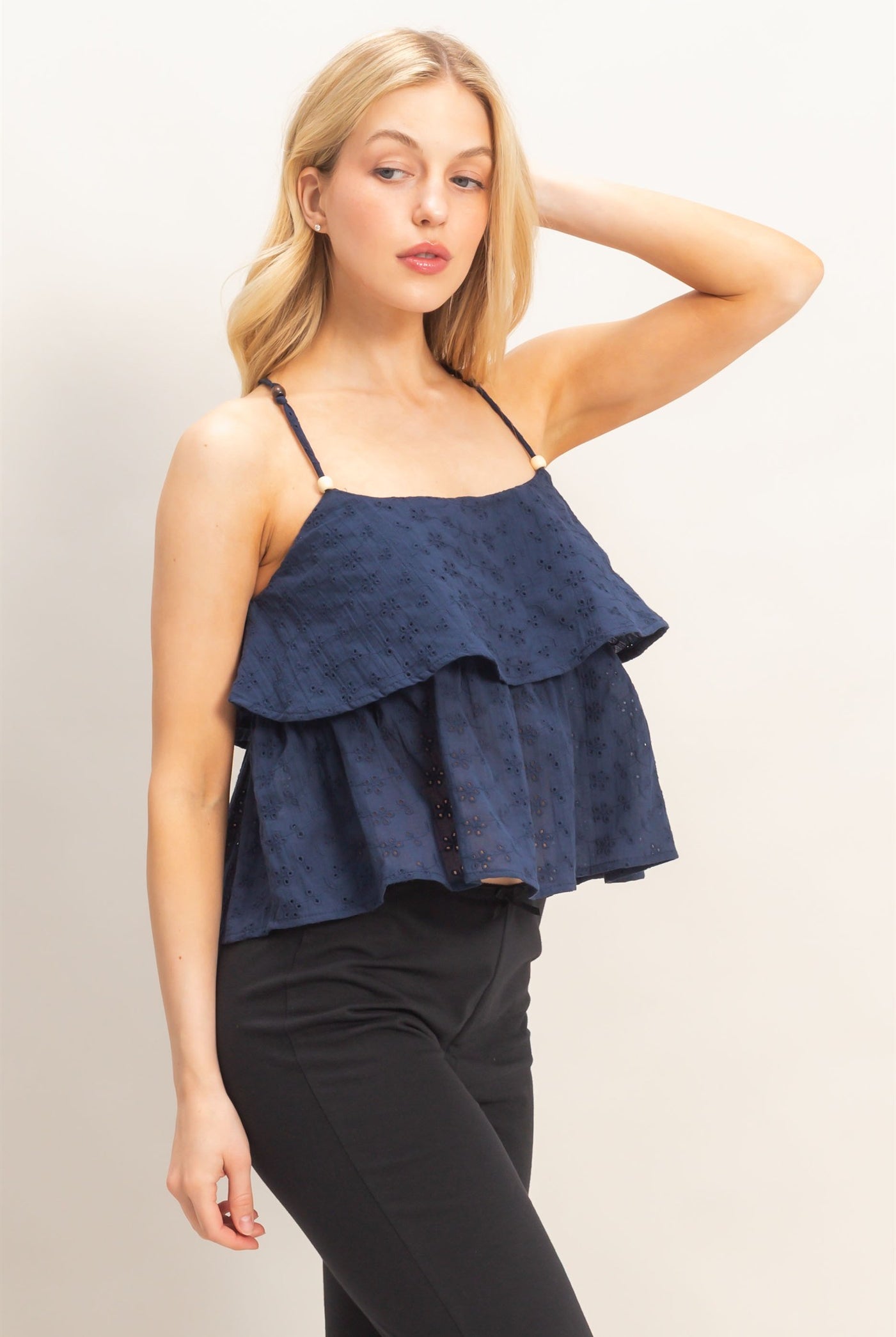 Wholesale Tiered Floral Eyelet Top Blouses HF26A852 NAVY HYFVE