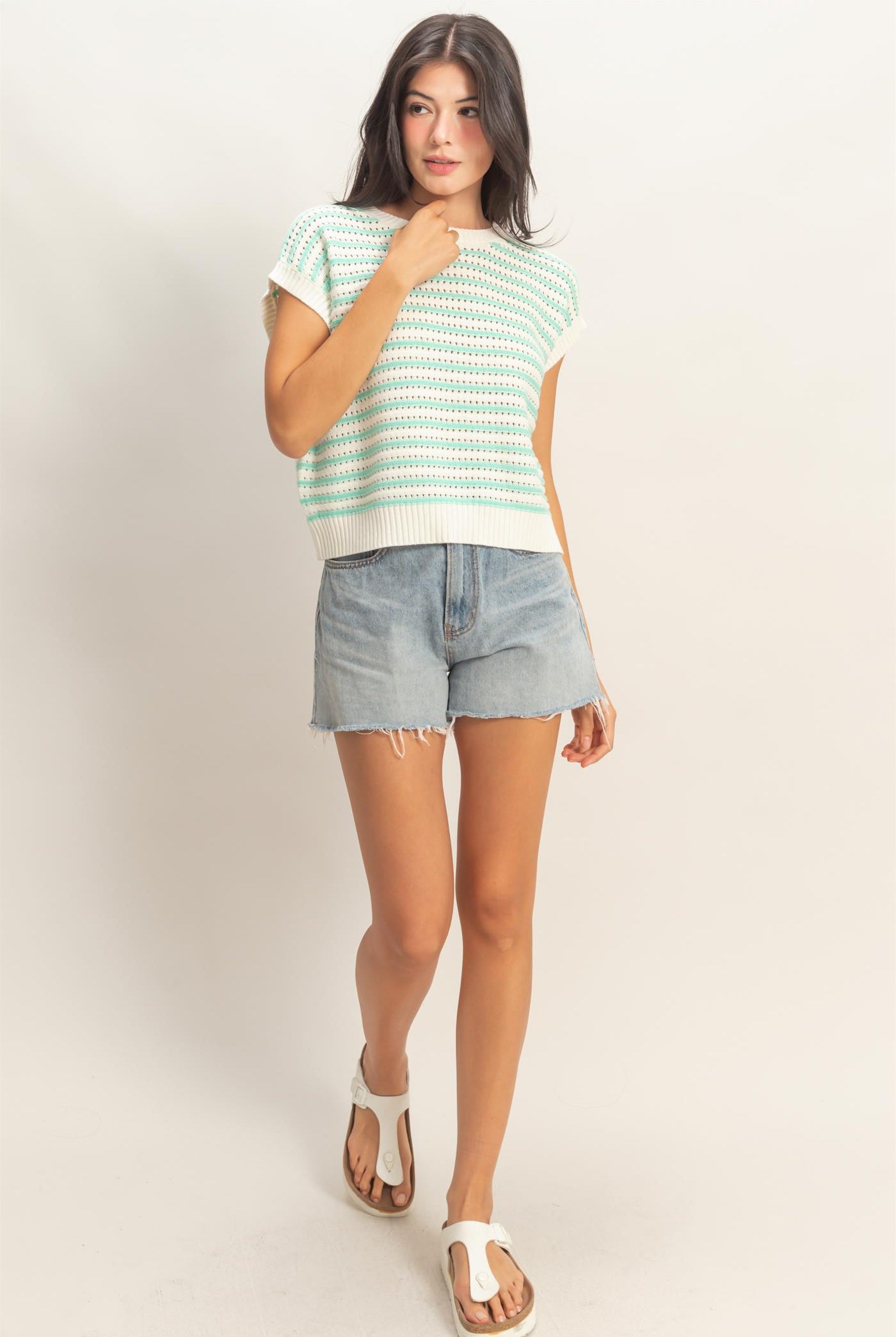 Wholesale Striped Sleeveless Crew Neck Top Sweaters DZ26A222 MINT DOUBLE ZERO