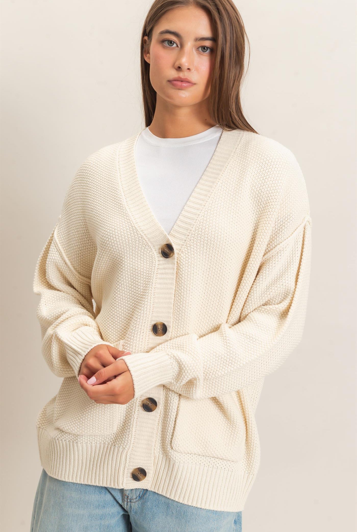 Wholesale Textured Oversized Knit Buttoned Cardigan Cardigans DZ26C971 CREAM DOUBLE ZERO
