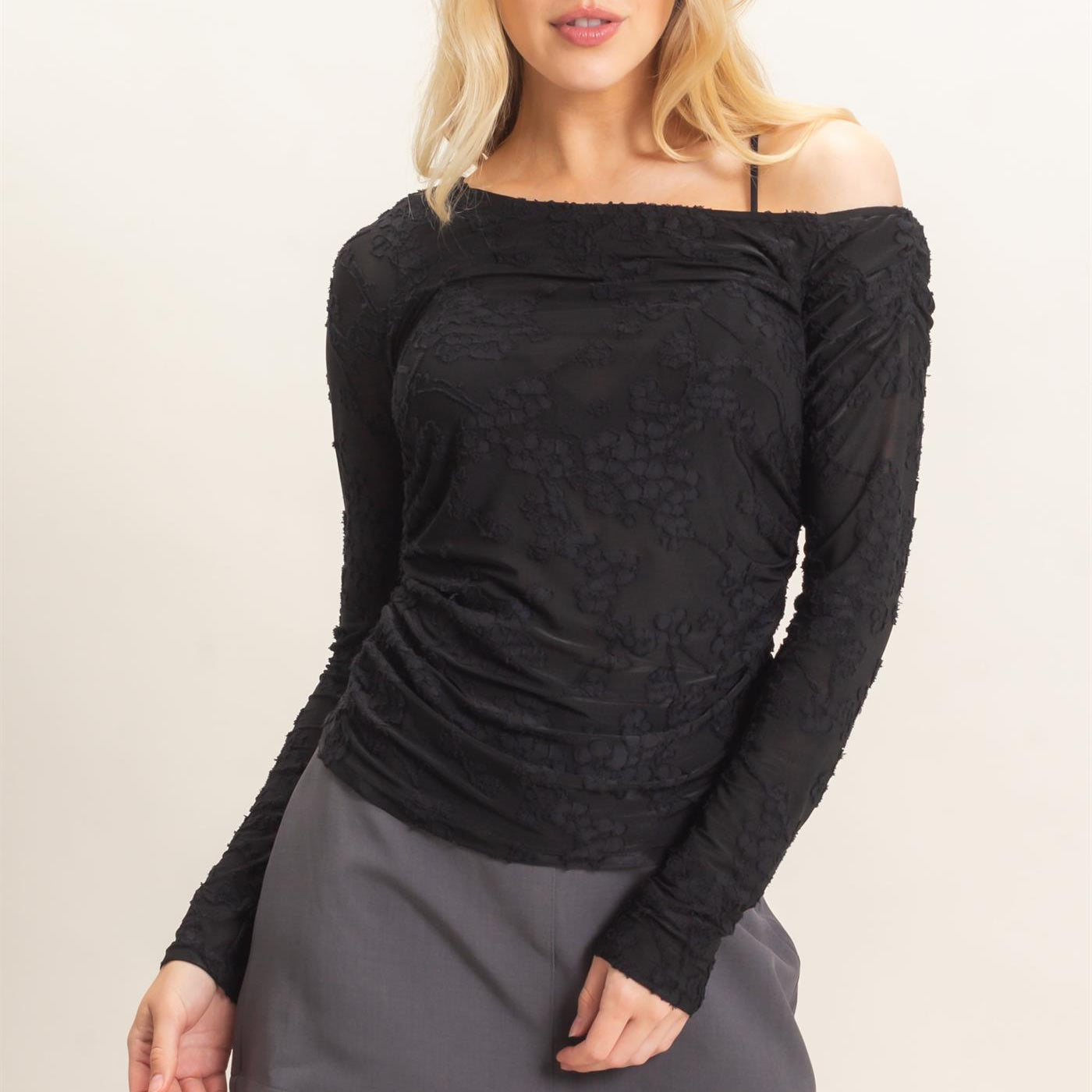 Wholesale Textured Mesh Off-Shoulder Top Blouses HF26F043 BLACK HYFVE