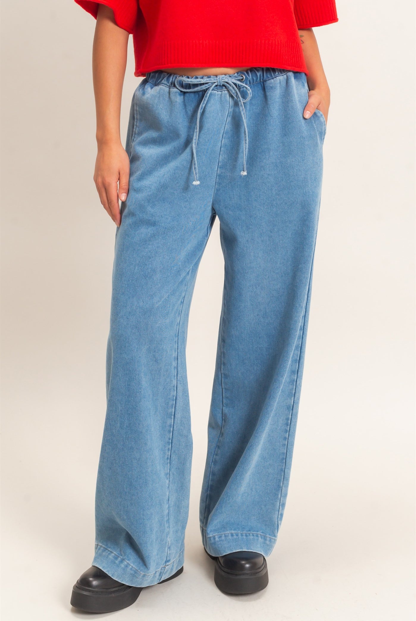 Wholesale Elastic Waist Wide Leg Denim Pants Pants DZ26E331 MEDIUM BLUE DOUBLE ZERO