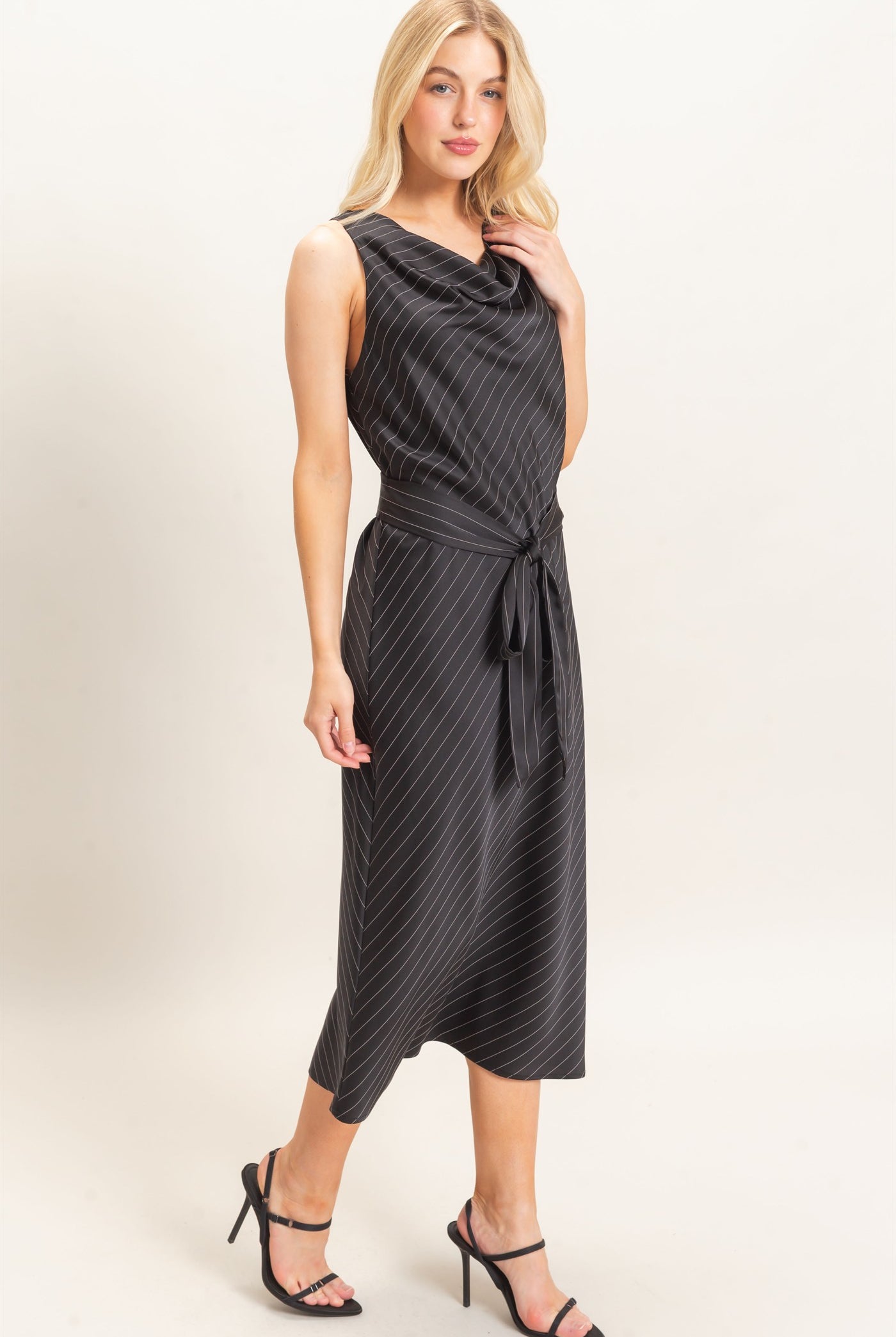 Wholesale Cowl Neck Sleeveless Belted Dress Dresses HF25E739 BLACK HYFVE