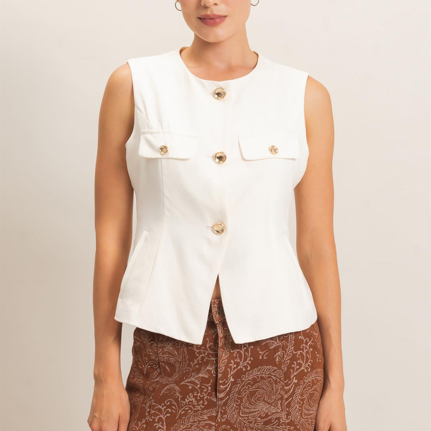 Wholesale Buttoned Sleeveless Utility Vest Vests HF26E929 CREAM HYFVE