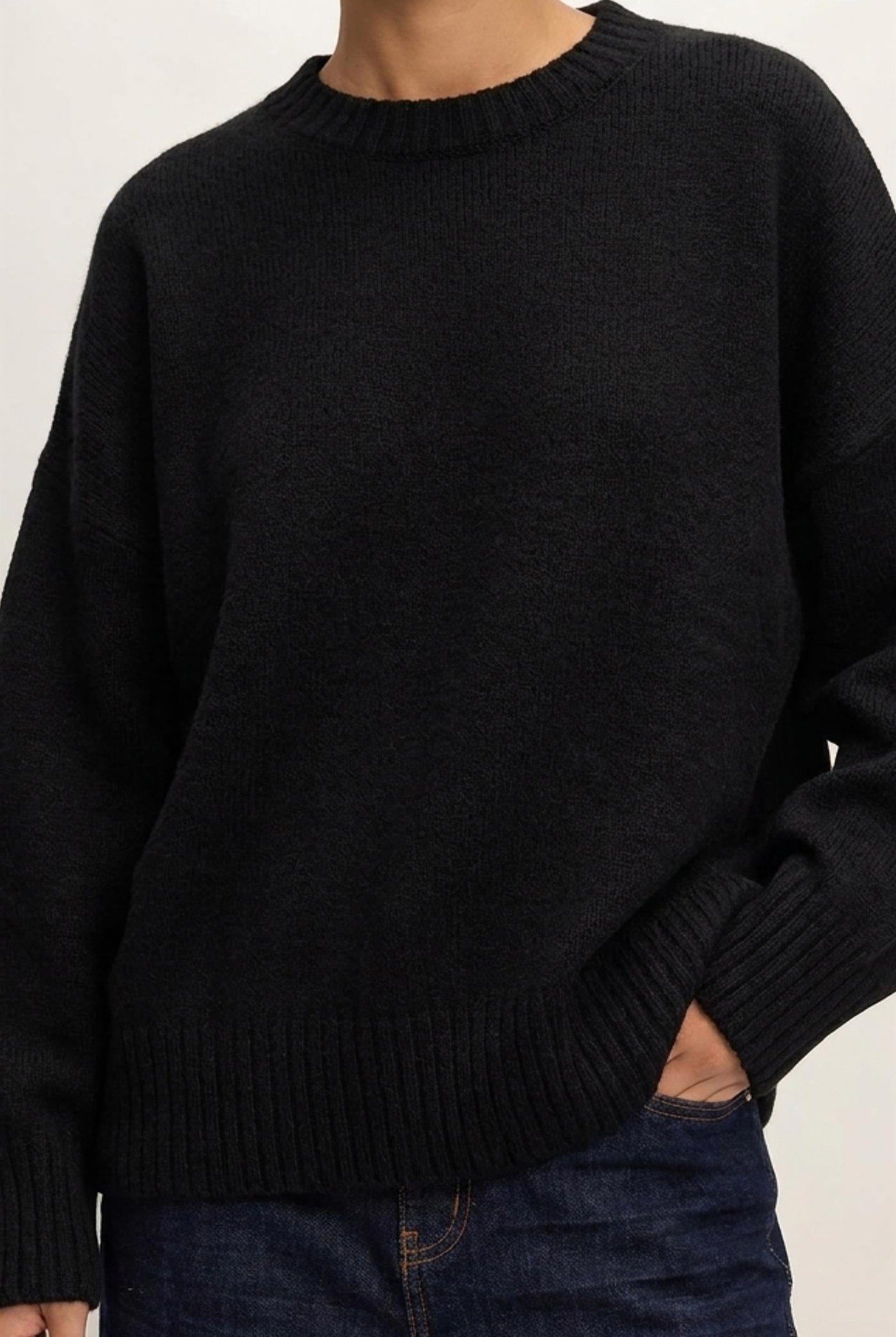 Wholesale Ribbed Crew Neck Sweater Sweaters HF26F179-D BLACK HYFVE