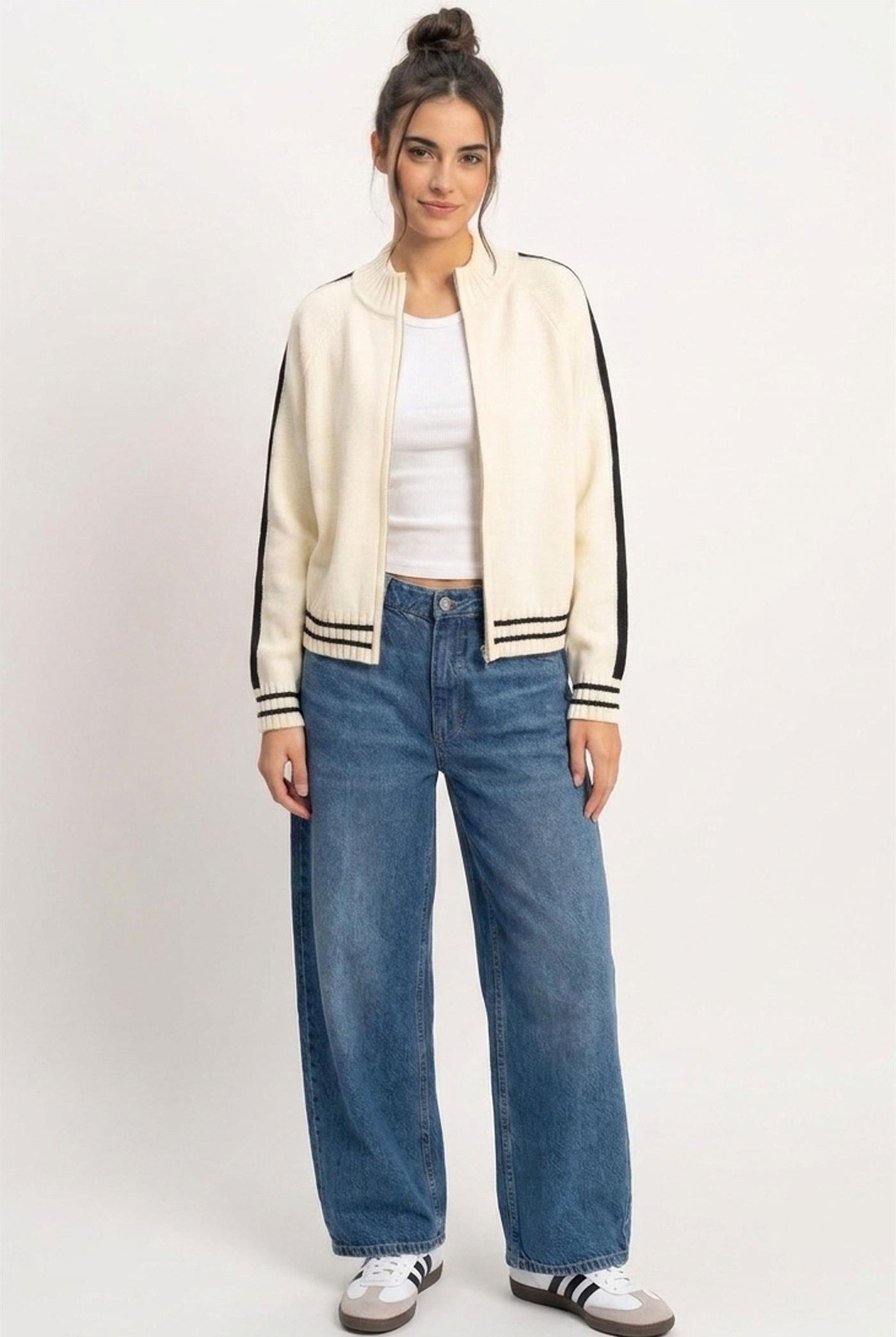 Wholesale Contrast Stripe Zip-Up Sweater Sweaters DZ26E861 CREAM DOUBLE ZERO