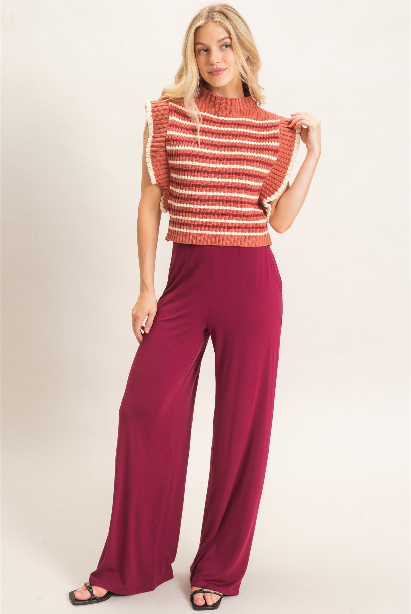 Wholesale Ribbed Ruffle Sleeve Sweater Sweaters HF26F182 RUST HYFVE
