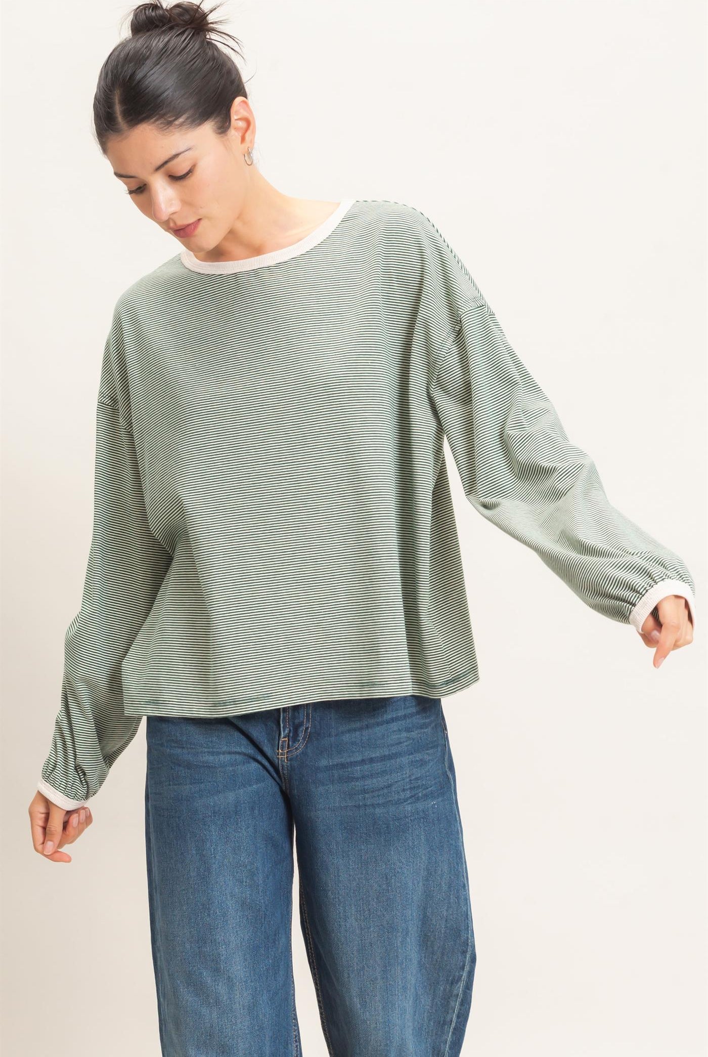 Wholesale Striped Boat Neck Long Sleeve Top Clothing Tops HF26E674 GREEN HYFVE