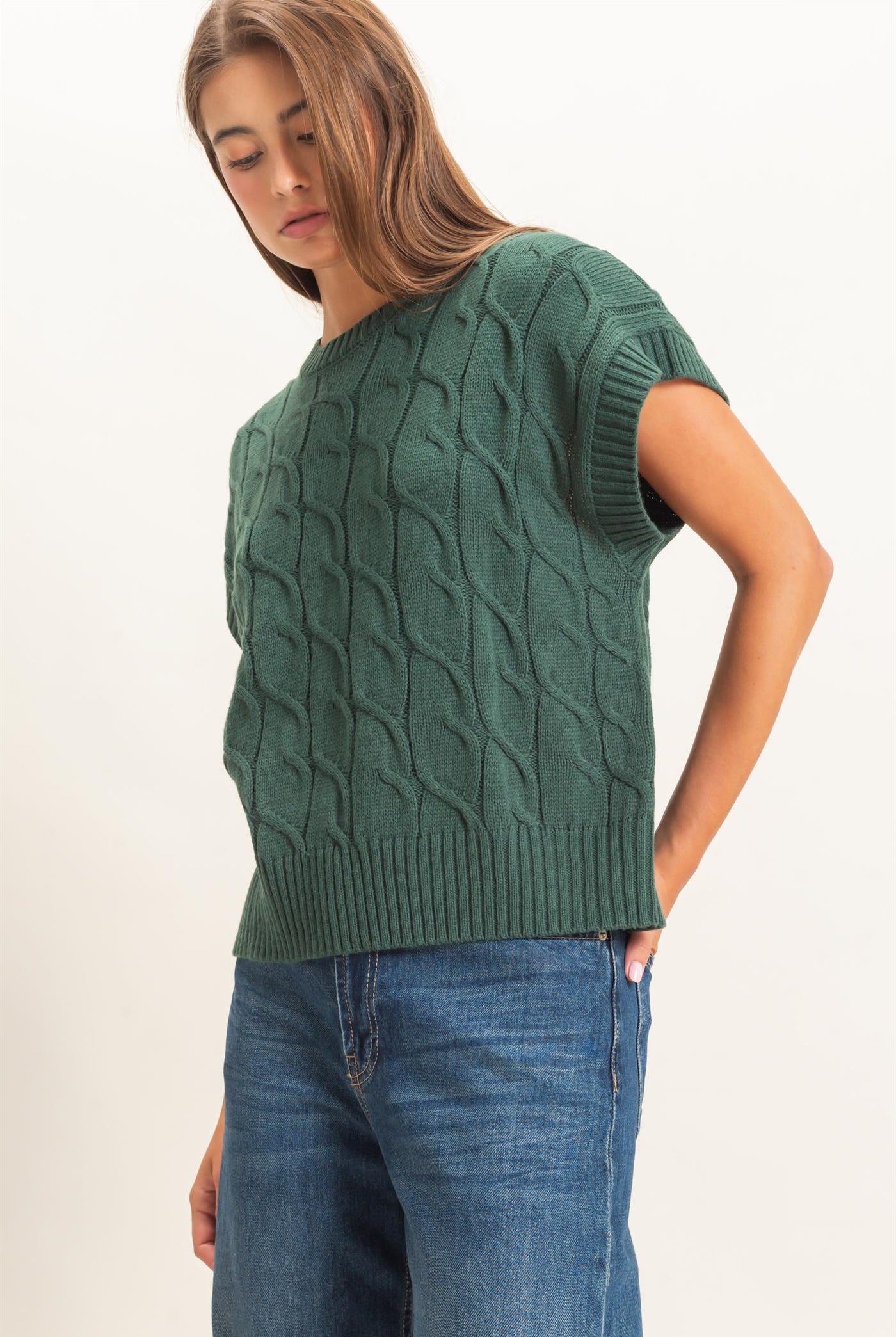 Wholesale Cable Knit Cap Sleeve Sweater Sweaters DZ26C974 DARK GREEN DOUBLE ZERO
