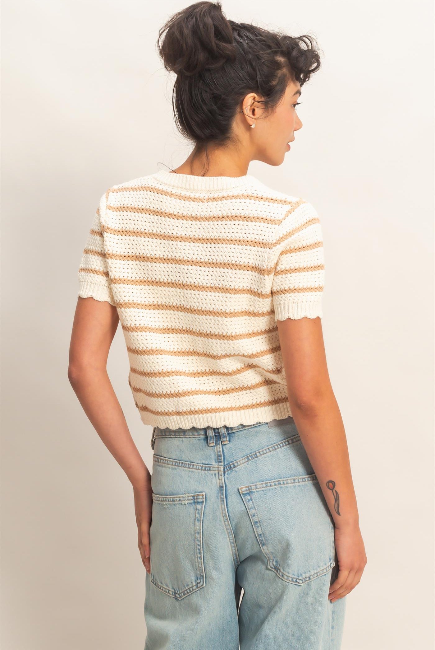 Wholesale Striped Short Sleeve Cardigan With Scallop Edge Cardigans DZ26A605 TAUPE DOUBLE ZERO