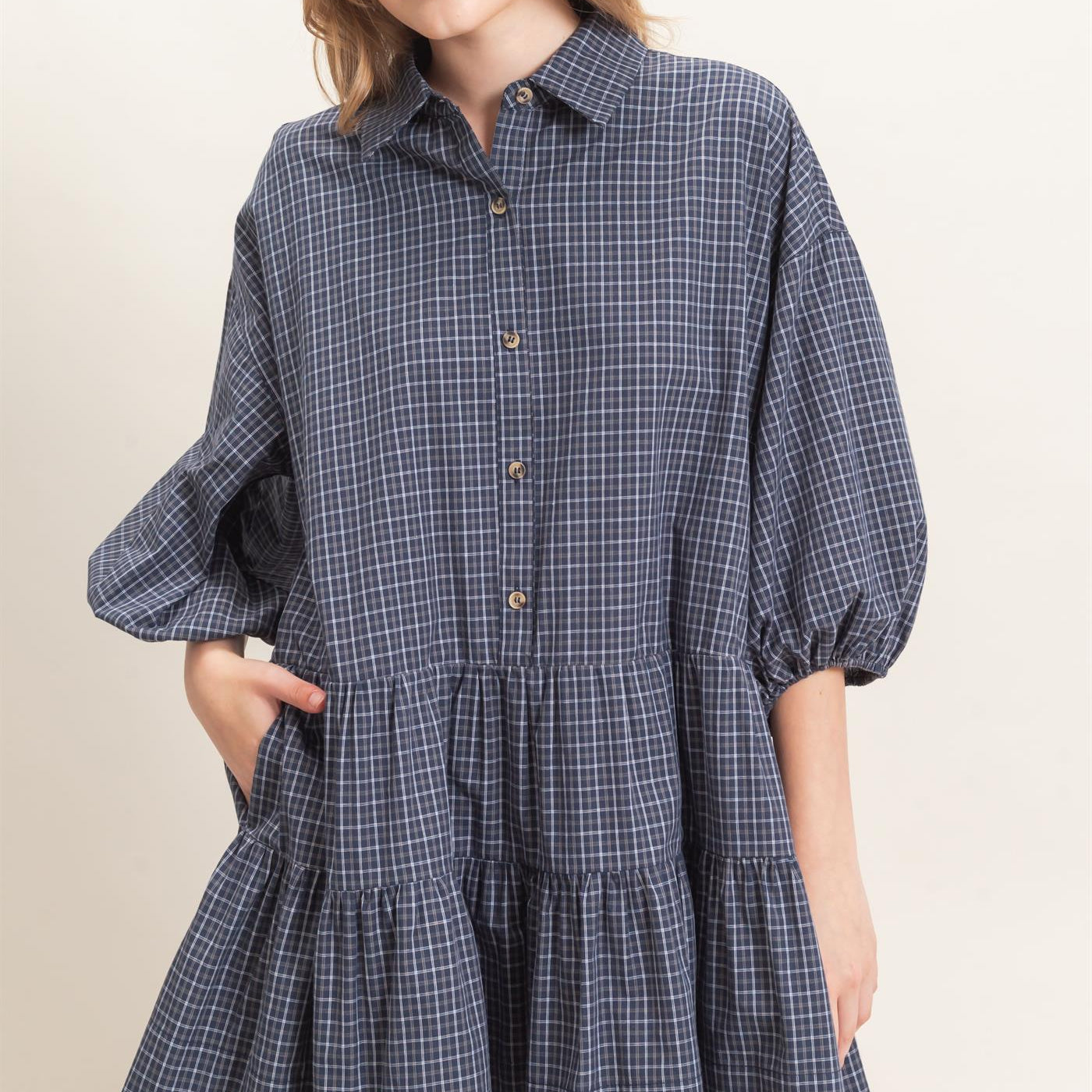 Wholesale Plaid Button-Down Tiered Dress Dresses HF26E795 NAVY HYFVE