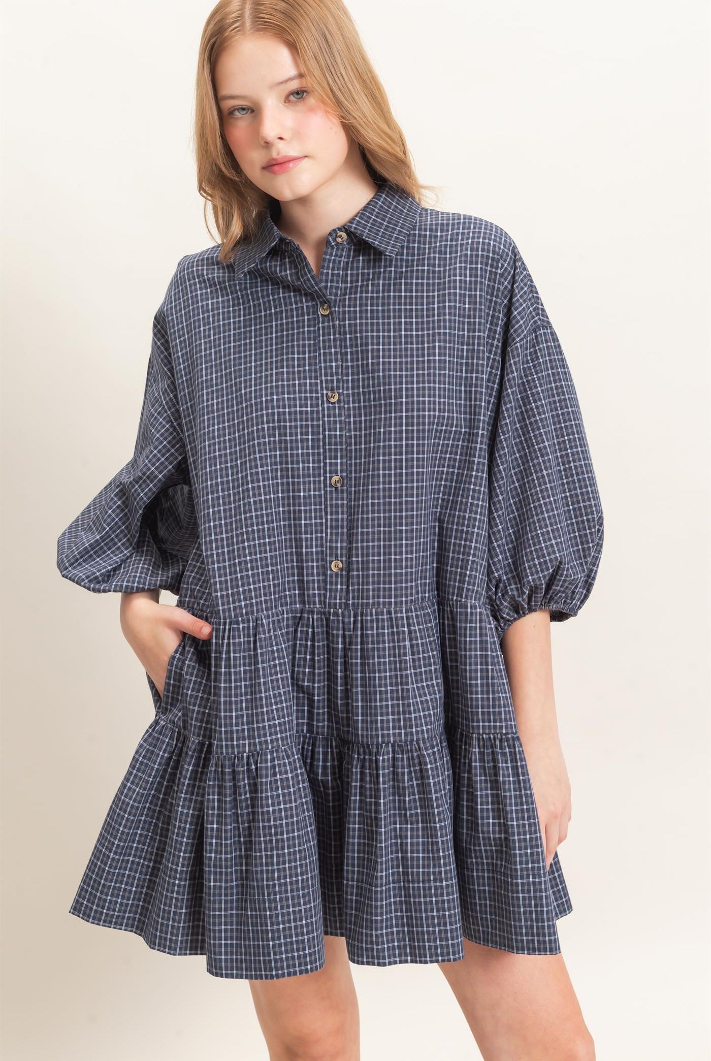 Wholesale Plaid Button-Down Tiered Dress Dresses HF26E795 NAVY HYFVE