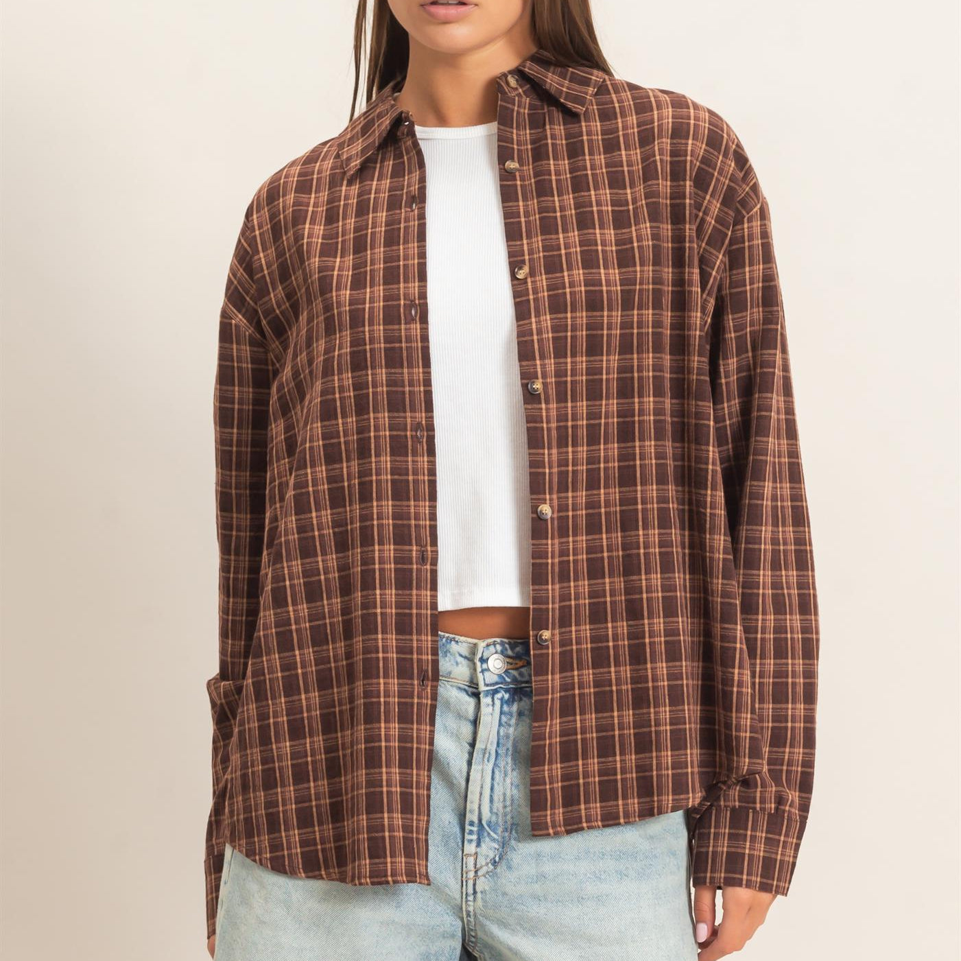Wholesale Plaid Oversized Shirt Shirts DZ26F062 BROWN DOUBLE ZERO