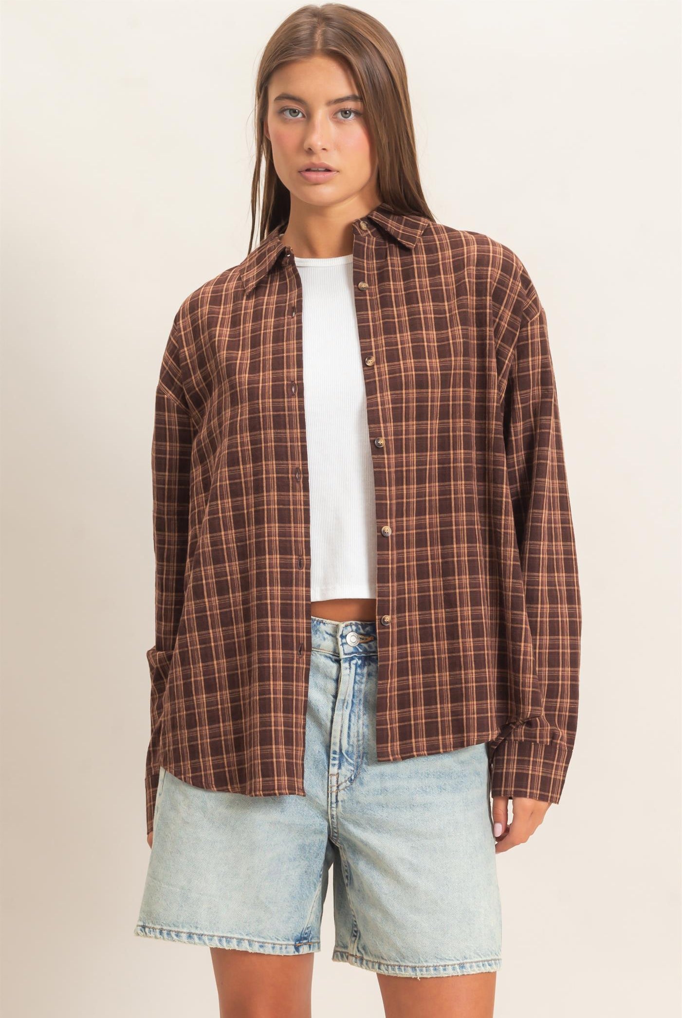 Wholesale Plaid Oversized Shirt Shirts DZ26F062 BROWN DOUBLE ZERO