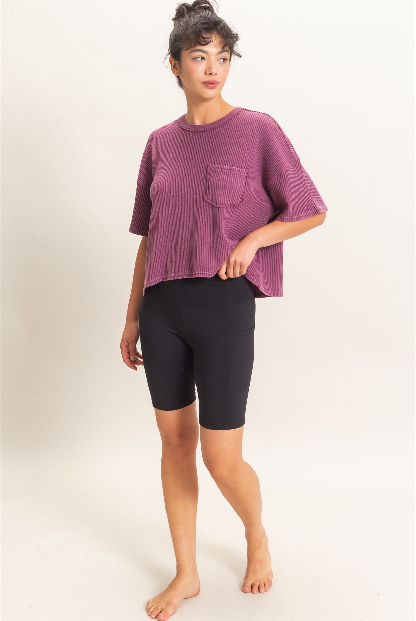 Wholesale Mineral Wash Waffle Knit Pocket Top Clothing Tops DZ26E222 DARK CHERRY DOUBLE ZERO