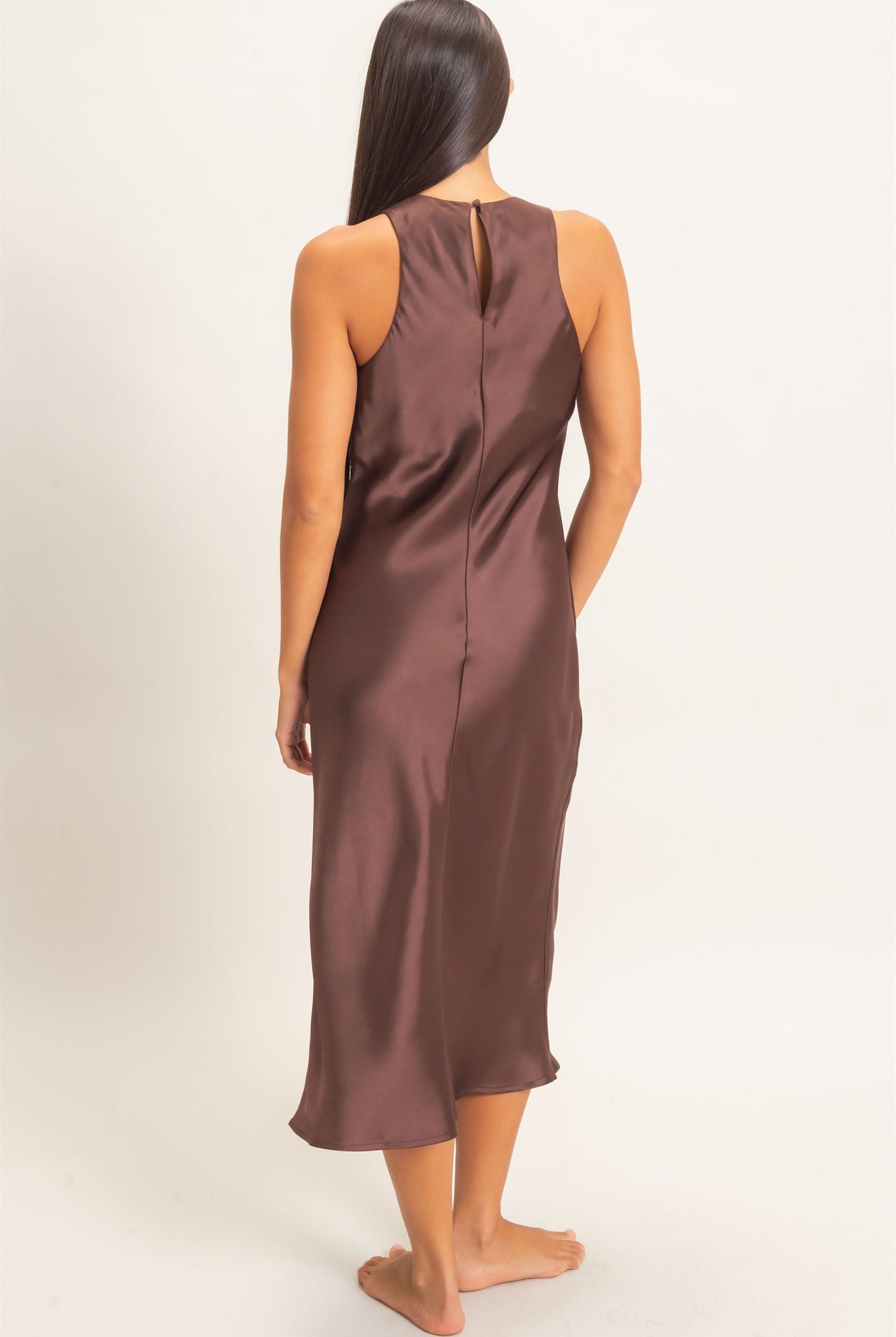 Wholesale Sleeveless Satin Midi Dress Dresses DZ26E257 DARK BROWN DOUBLE ZERO