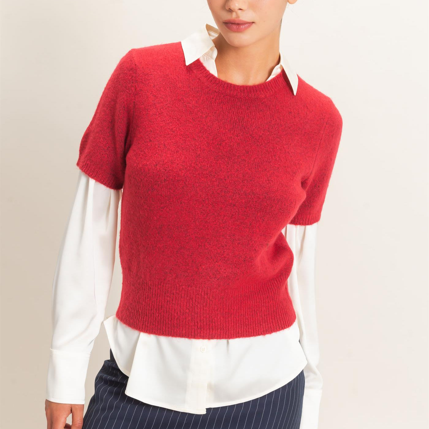 Wholesale Crew Neck Short Sleeve Knit Top Clothing Tops DZ26E944 DARK RED DOUBLE ZERO