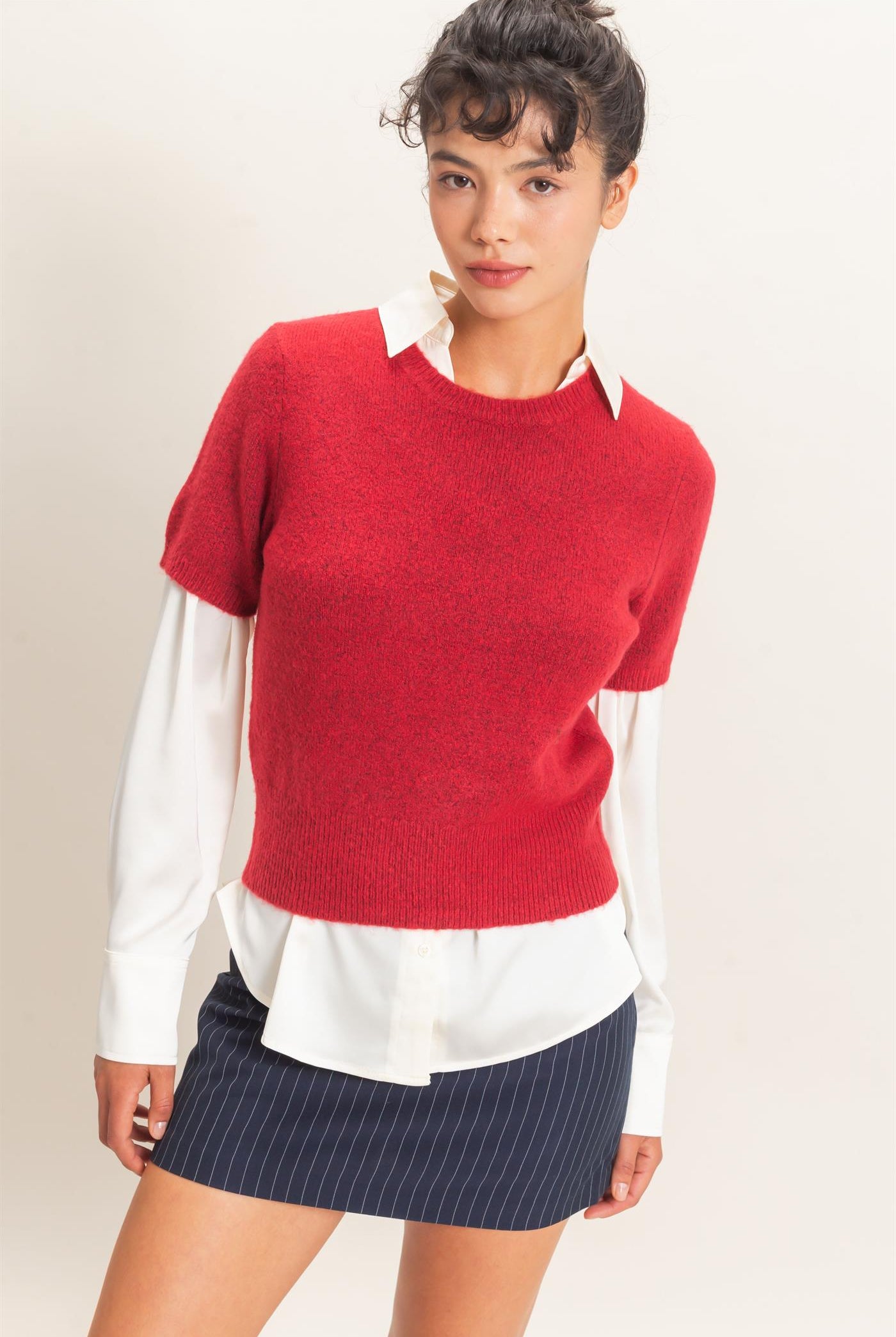 Wholesale Crew Neck Short Sleeve Knit Top Clothing Tops DZ26E944 DARK RED DOUBLE ZERO