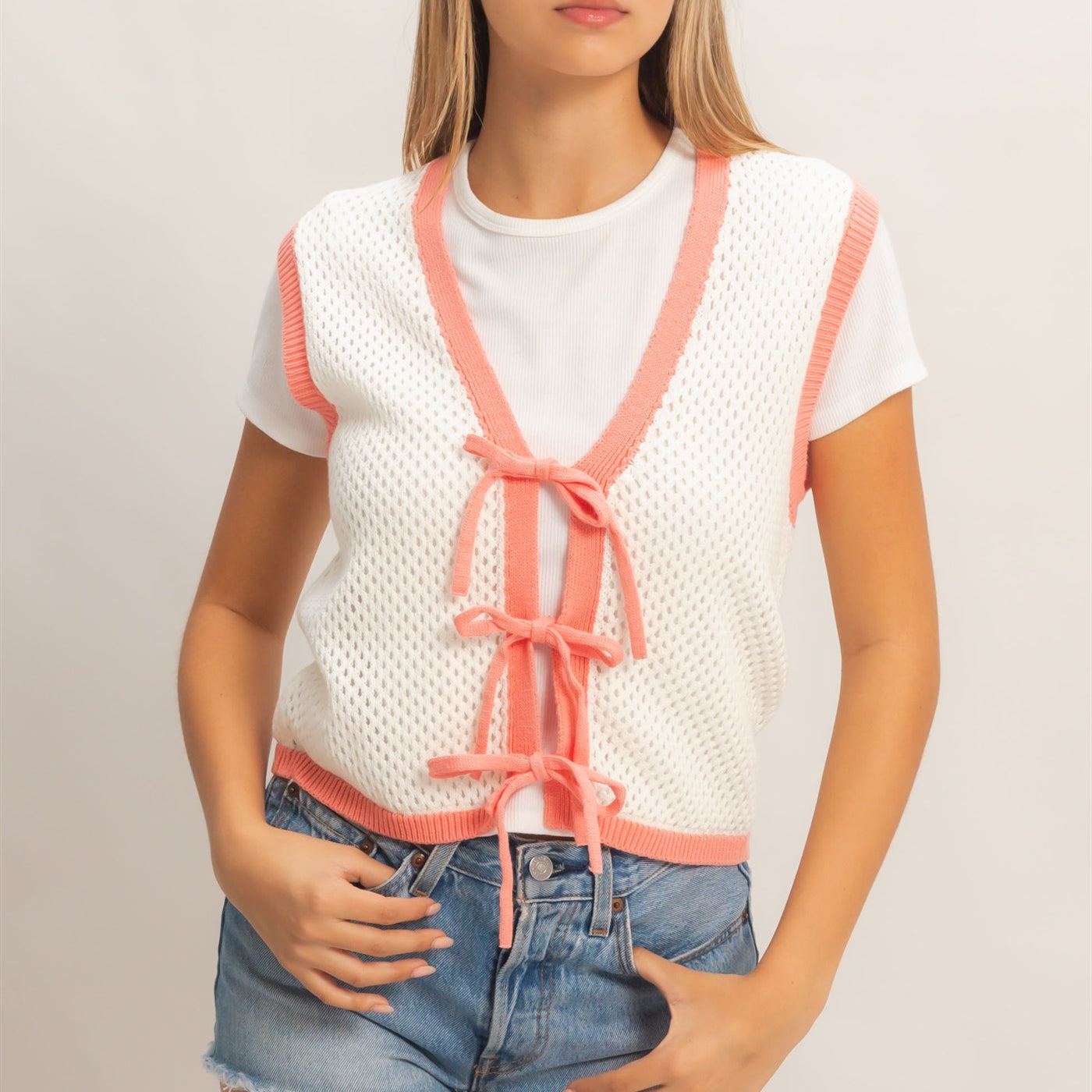 Wholesale Knit Vest With Tie Closure Sweaters HF26A238 IVORY/CORAL HYFVE