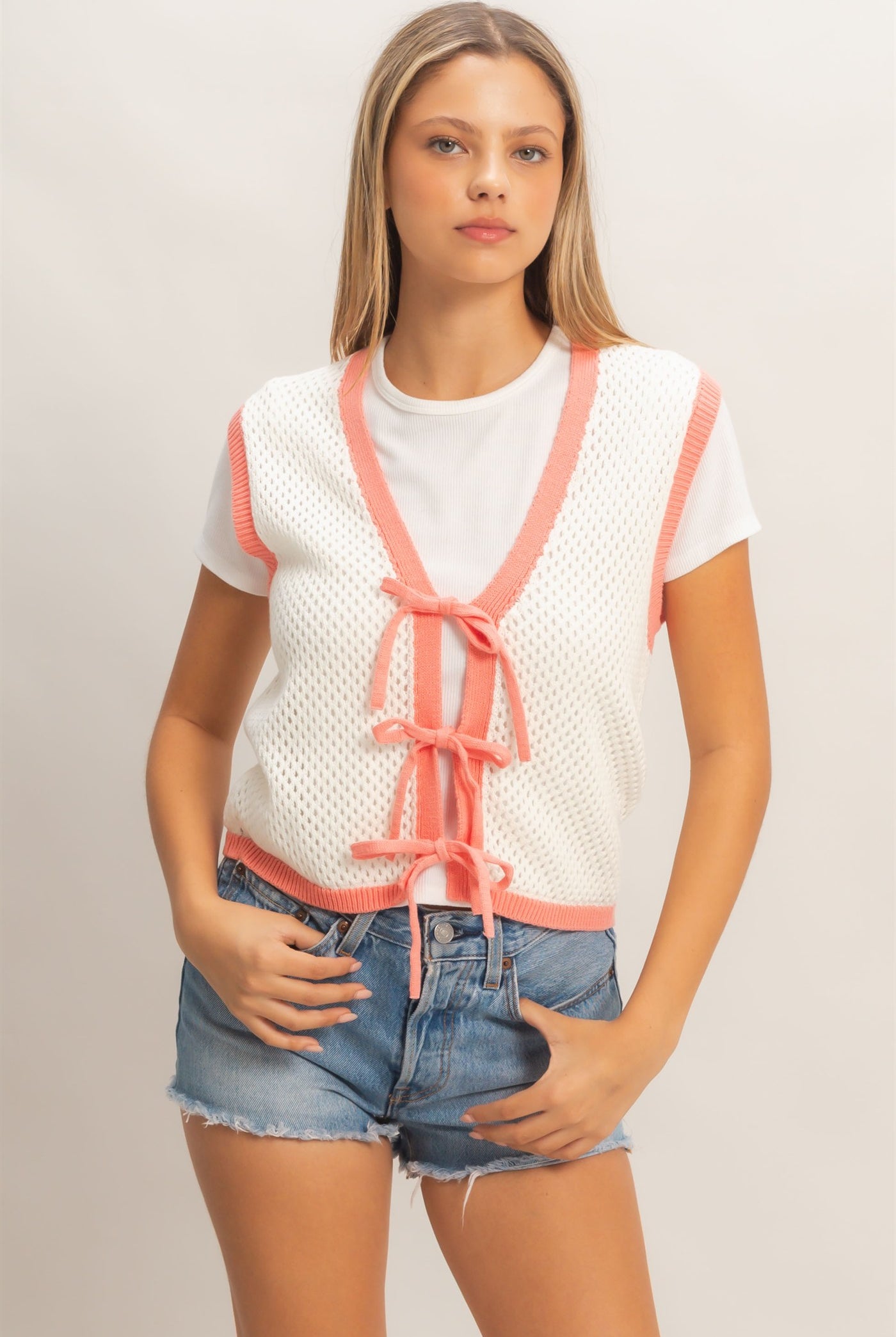 Wholesale Knit Vest With Tie Closure Sweaters HF26A238 IVORY/CORAL HYFVE