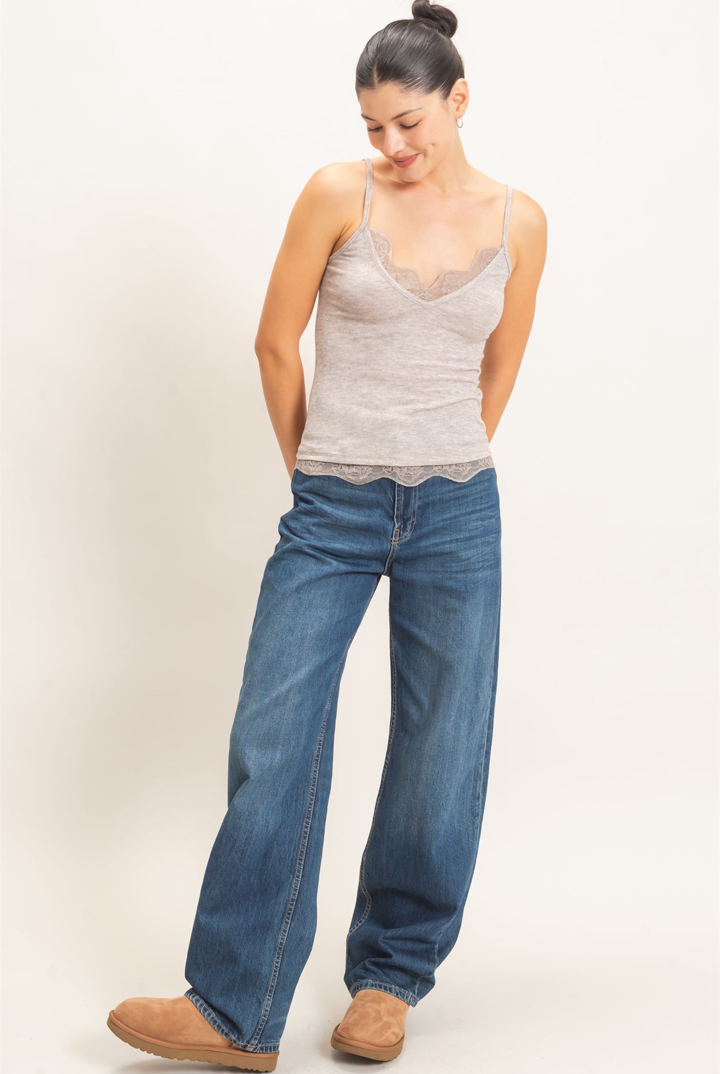 Wholesale Knit Lace Trim Camisole Tank Tops HF26E014 LIGHT MOCHA HYFVE