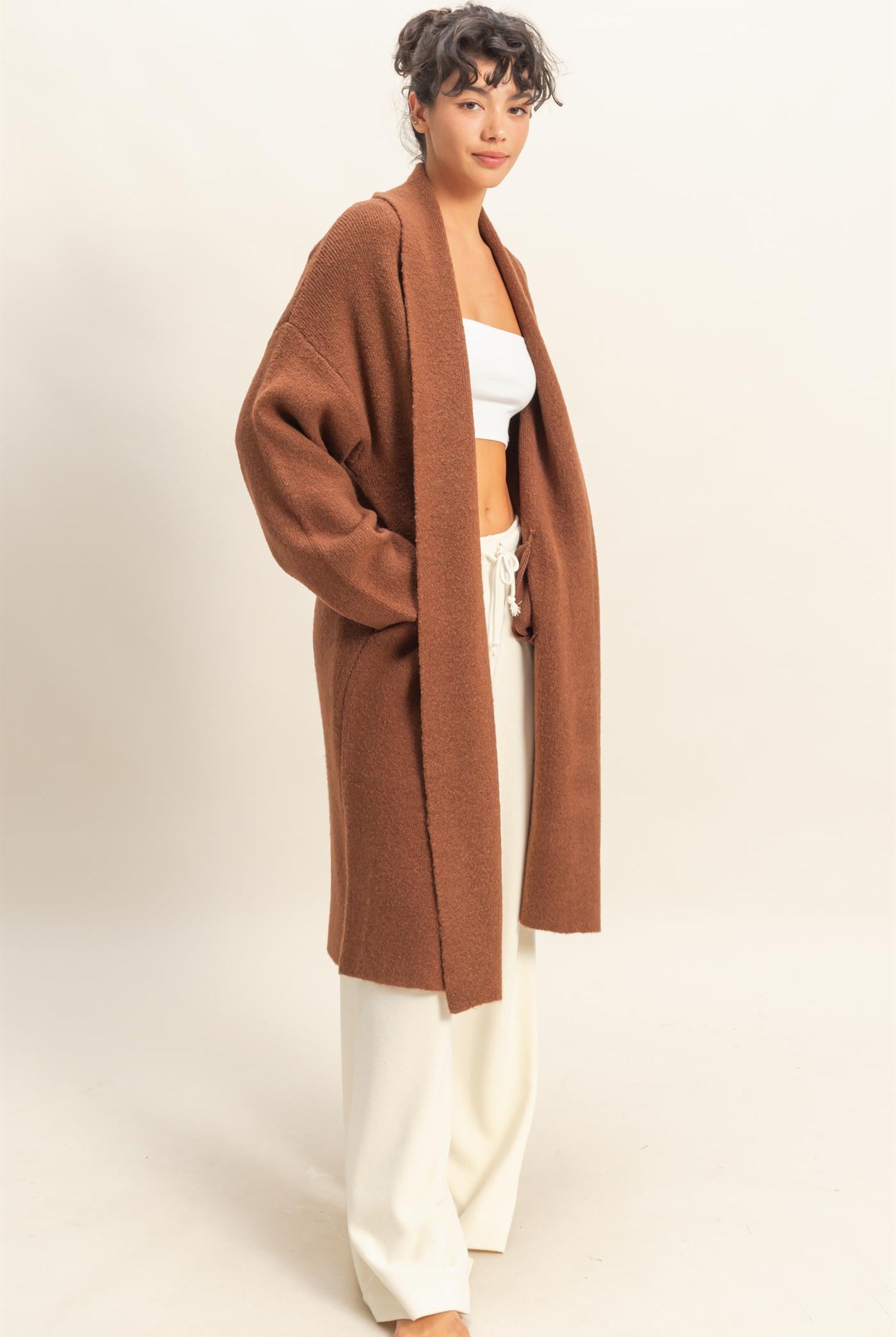 Wholesale Longline Open Front Duster Sweater Cardigans DZ25F435 CHESTNUT DOUBLE ZERO