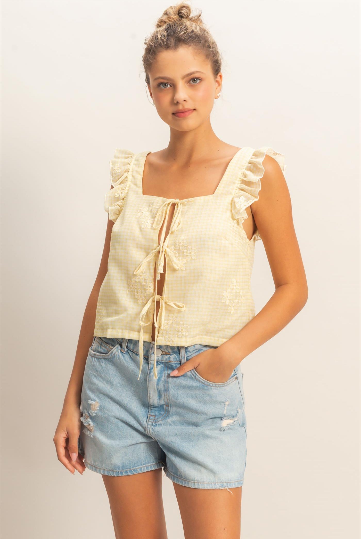 Wholesale Embroidered Gingham Tie Front Top Clothing HF26A501 YELLOW HYFVE