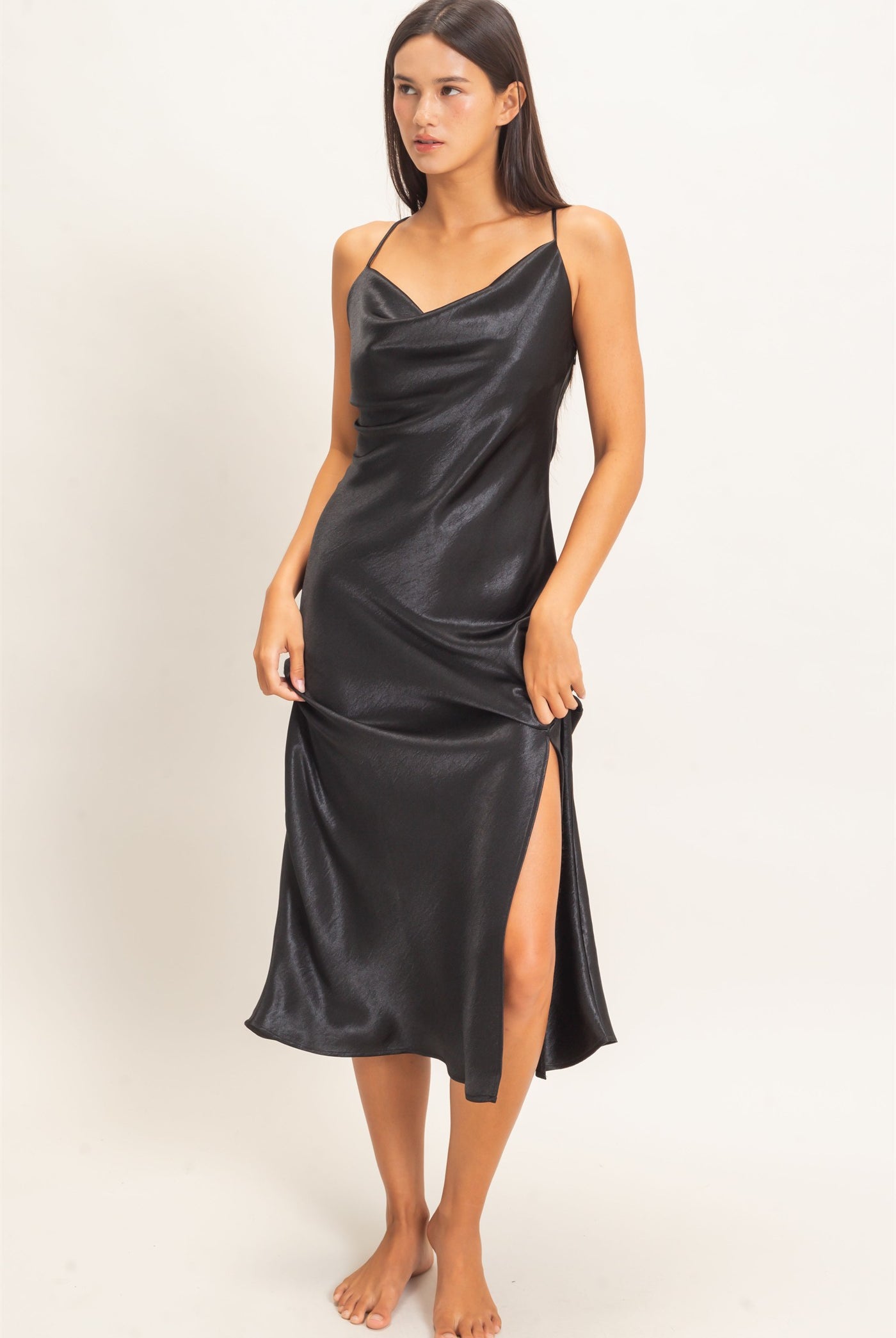 Wholesale Cowl Neck Satin Slip Dress Dresses DZ26E251 BLACK DOUBLE ZERO