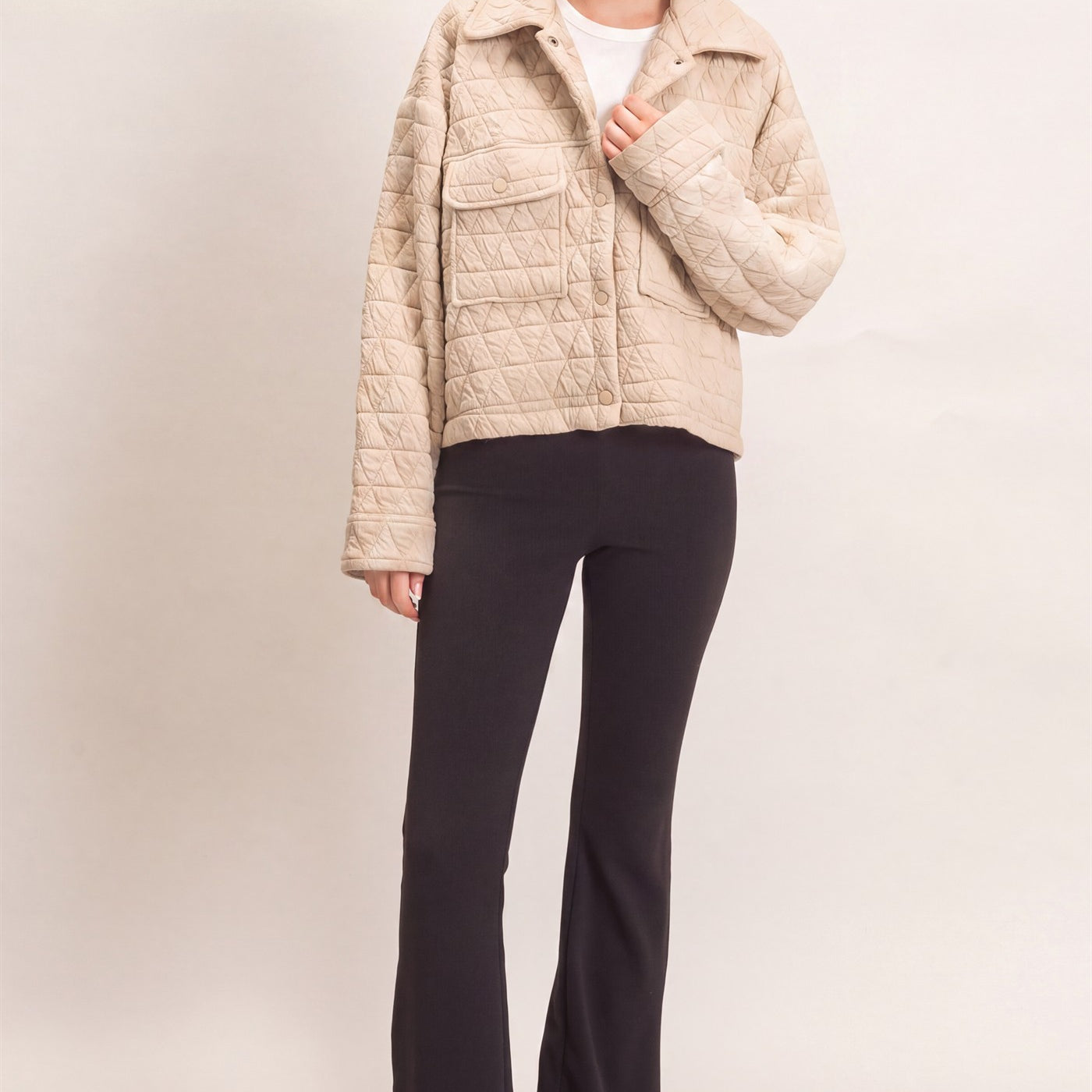 Wholesale Triangle Quilted Button-Up Jacket Coats & Jackets HF26F145 ALMOND MILK DOUBLE ZERO