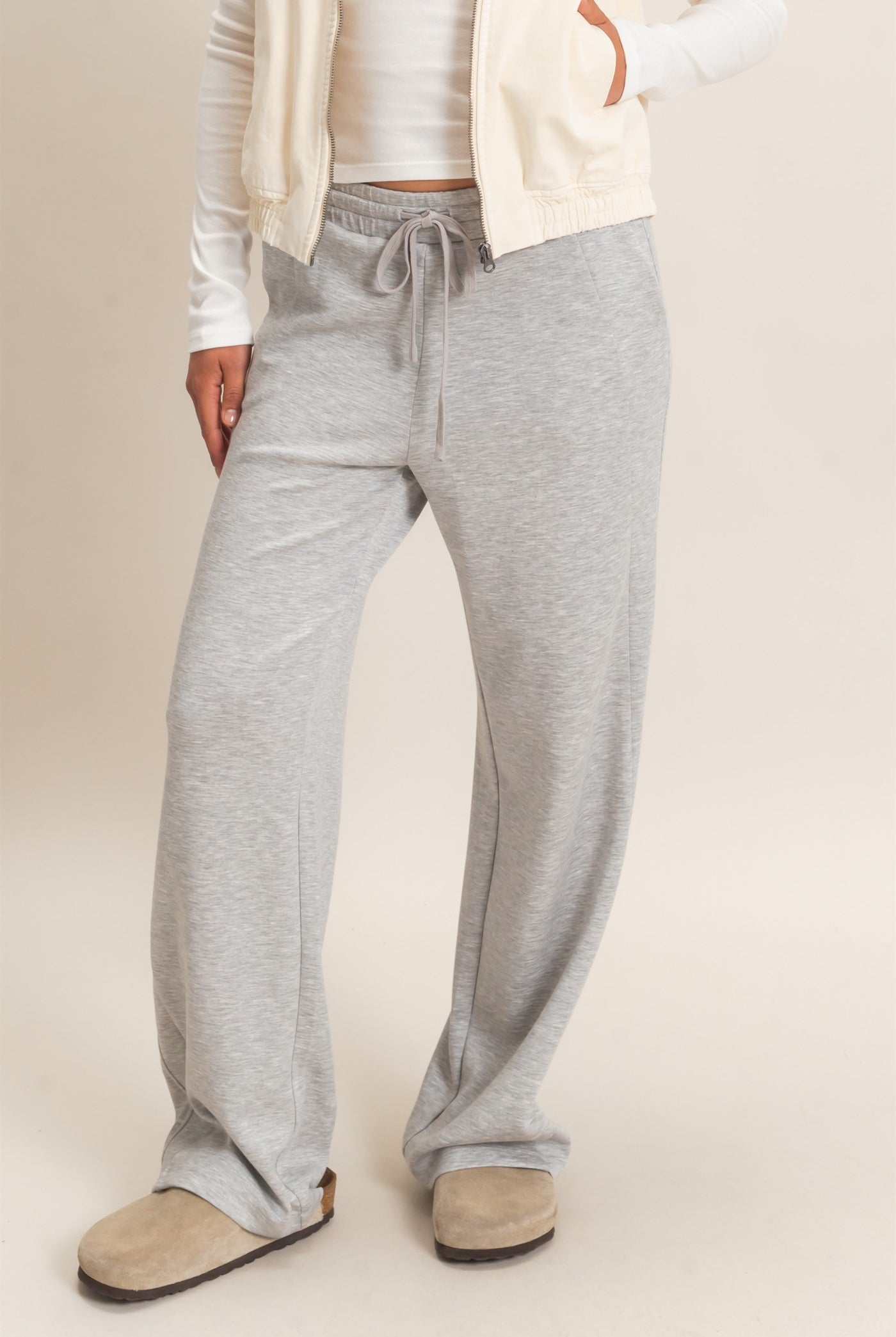 Wholesale Elastic Waist Straight Leg Pants Pants DZ26C969 HEATHER GRAY DOUBLE ZERO
