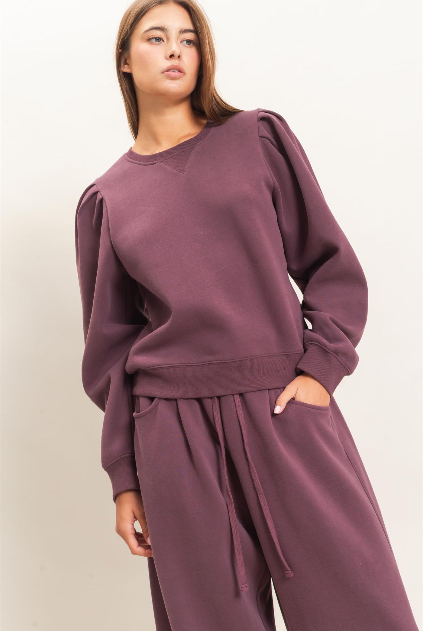 Wholesale Puff Sleeve Crew Neck Sweatshirt Sweatshirts DZ26E110 COCOA DOUBLE ZERO