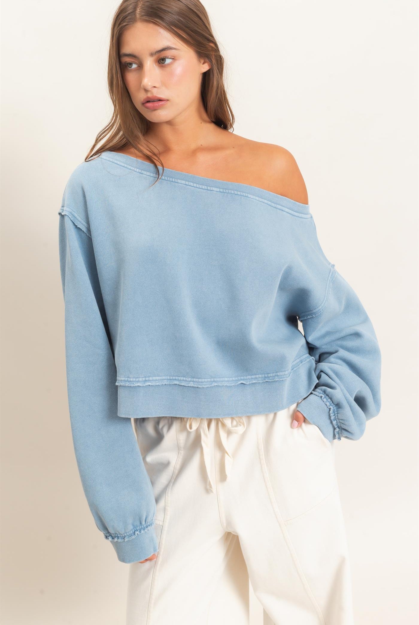 Wholesale Raw Edge Acid Wash Off The Shoulder Sweatshirt Sweatshirts DZ26F013 DUSTY BLUE DOUBLE ZERO