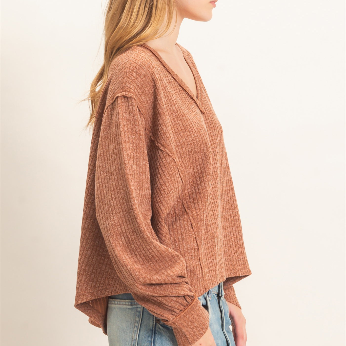 Wholesale Ribbed V-Neck Knit Top Shirts HF26F351 BRICK HYFVE