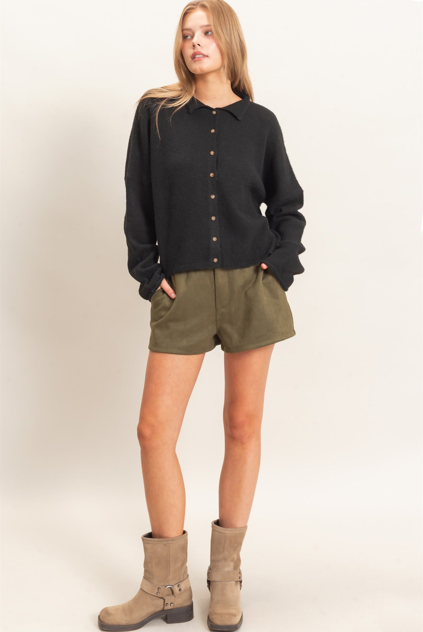 Wholesale Button-Up Collared Sweater Cardigan Cardigans HF26E039 BLACK HYFVE