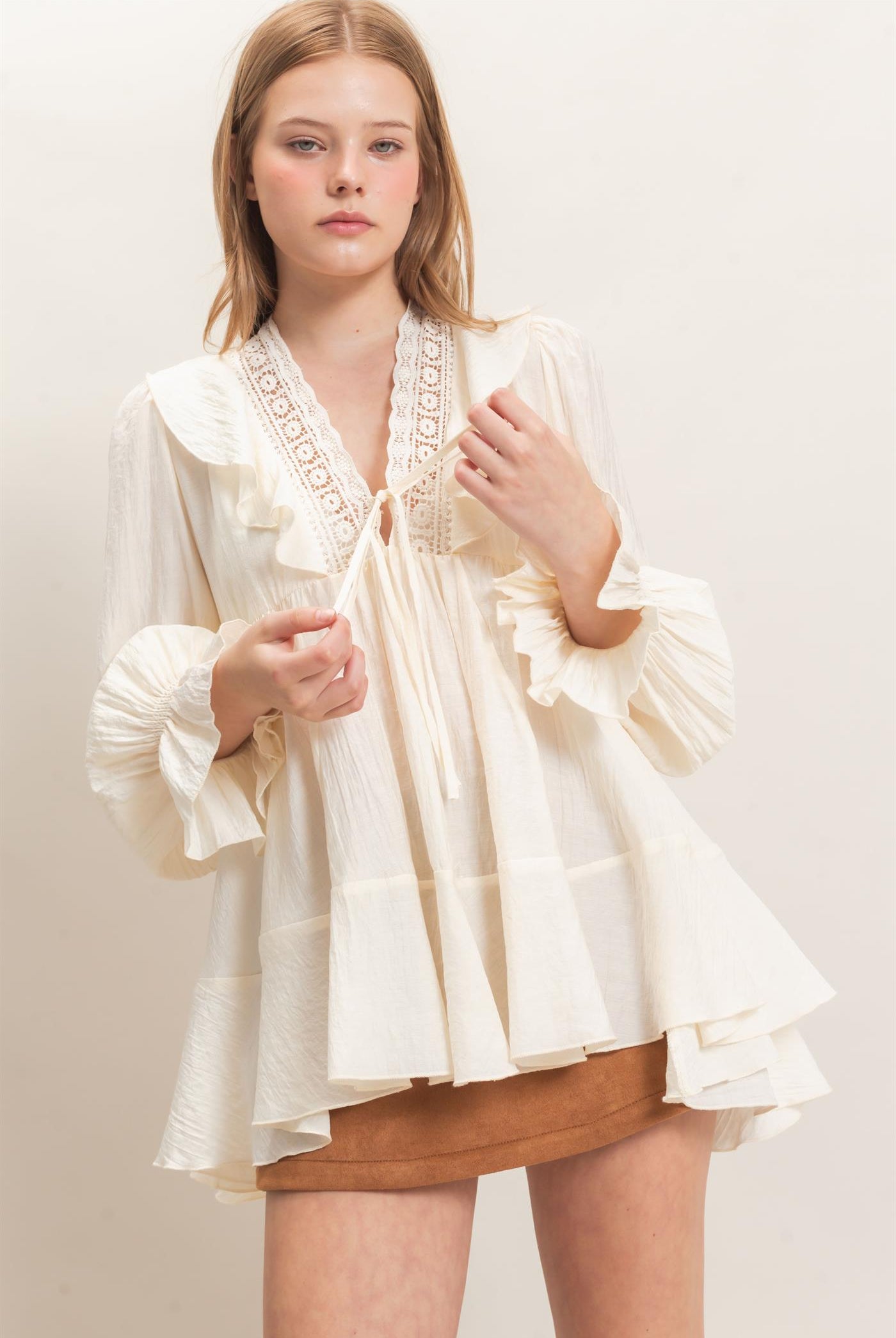 Wholesale Ruffle Lace Tie Neck Blouse Tunics HF26E642 CREAM HYFVE