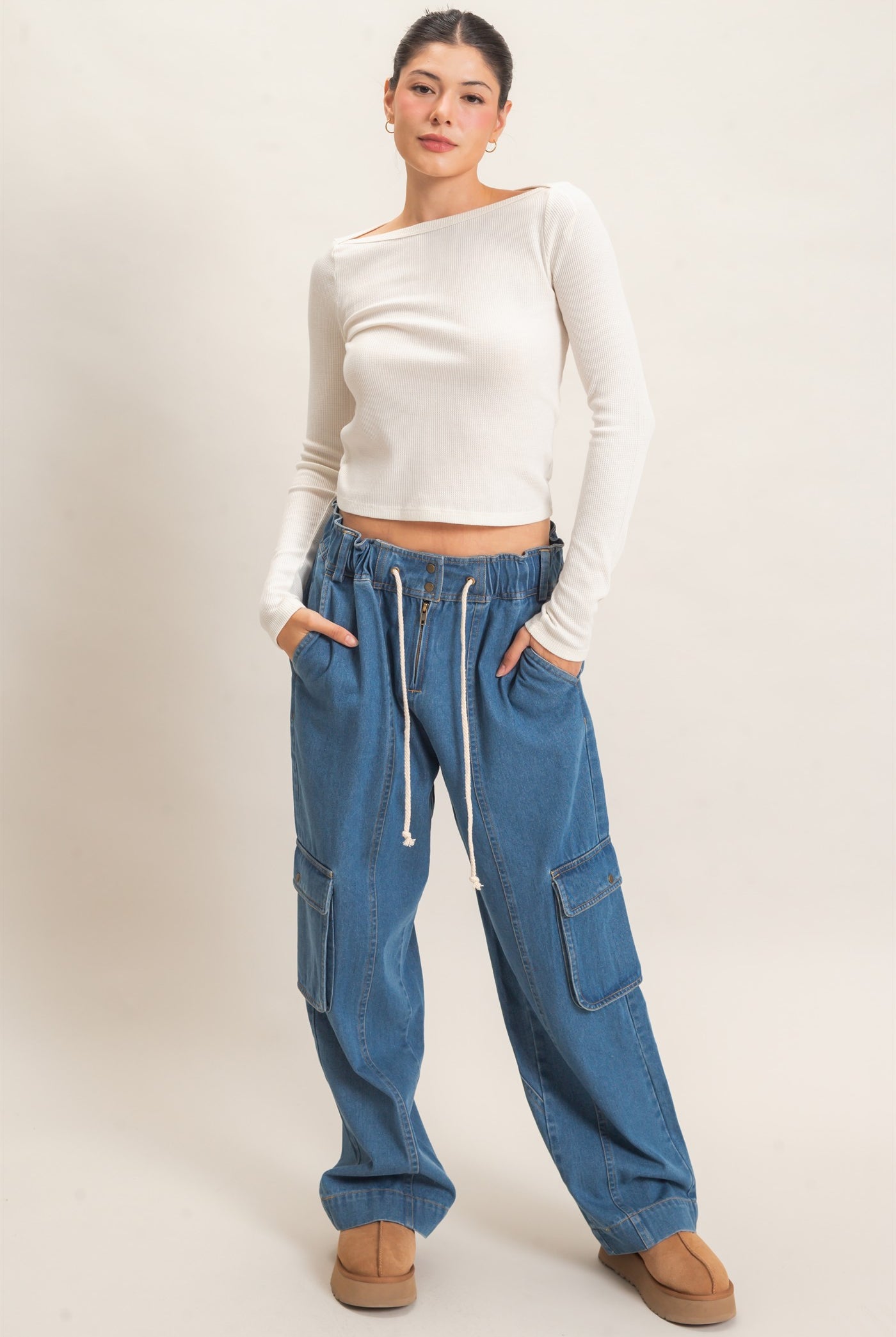 Wholesale Drawstring Cargo Denim Pants Pants HF26E182 LIGHT DENIM HYFVE