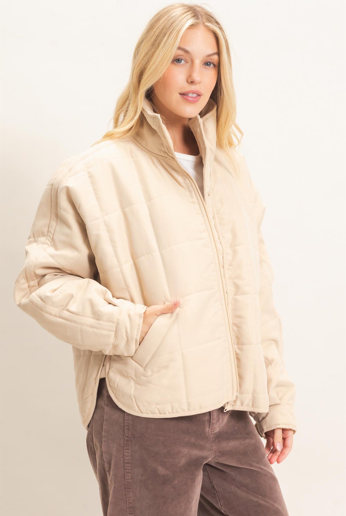 Wholesale Quilted High Collar Jacket Coats & Jackets HF26F167-D BEIGE HYFVE