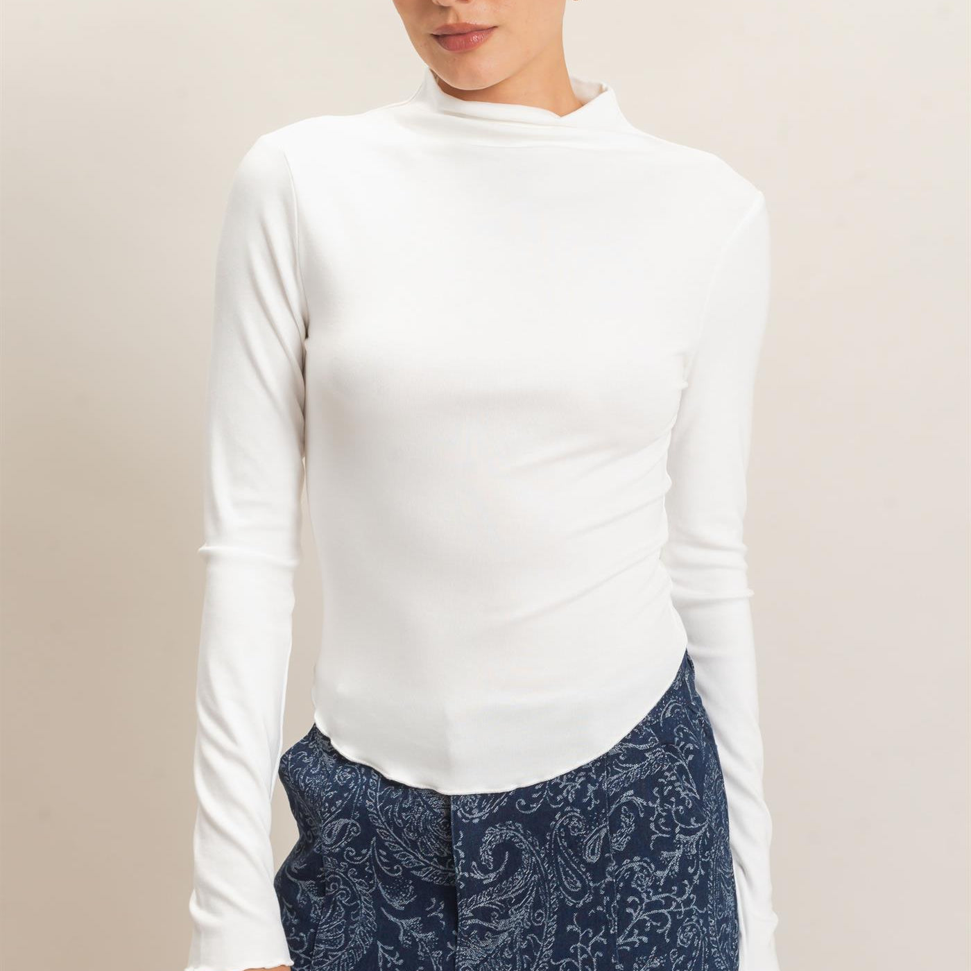 Wholesale Long Sleeve Lettuce Hem Top Clothing Tops HF26F122 IVORY HYFVE