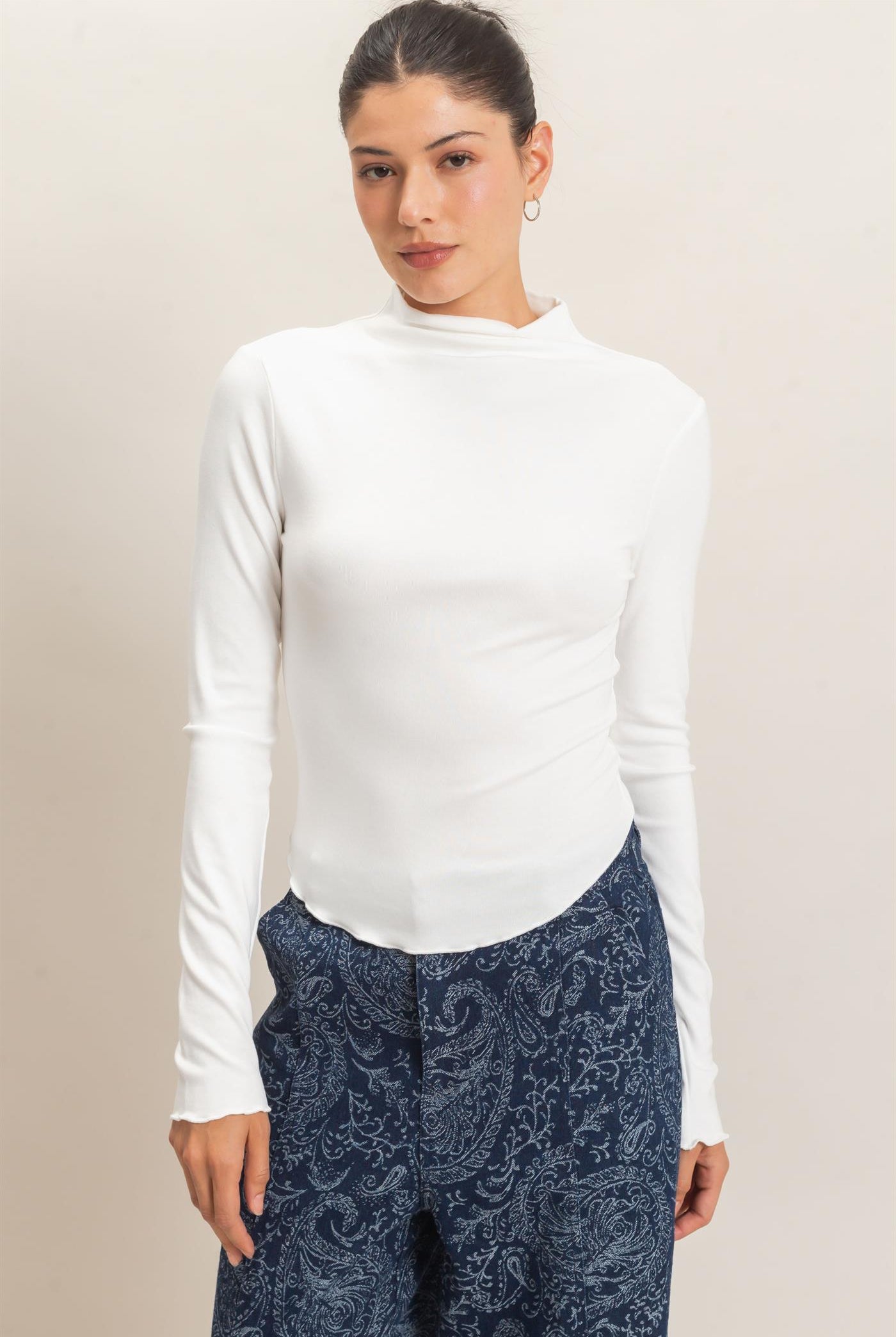 Wholesale Long Sleeve Lettuce Hem Top Clothing Tops HF26F122 IVORY HYFVE