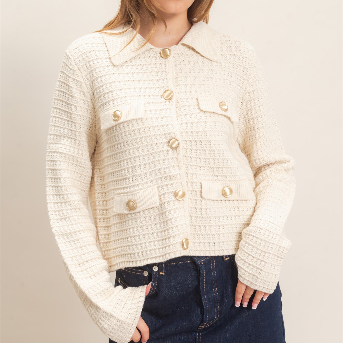 Wholesale Textured Collared Sweater Jacket Cardigans HF26F190 CREAM HYFVE