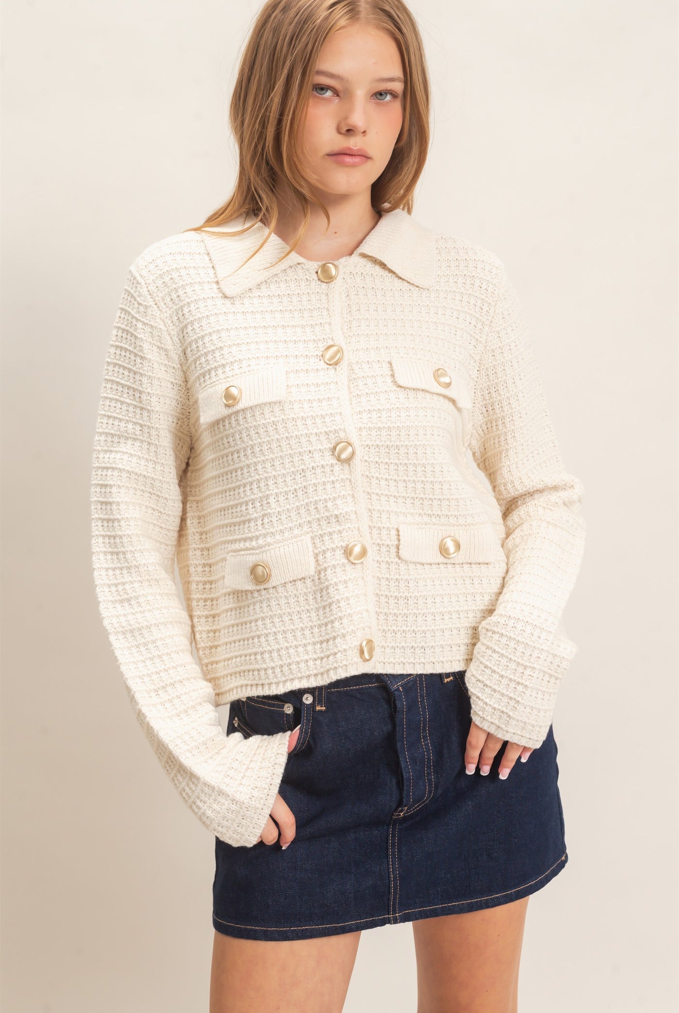 Wholesale Textured Collared Sweater Jacket Cardigans HF26F190 CREAM HYFVE