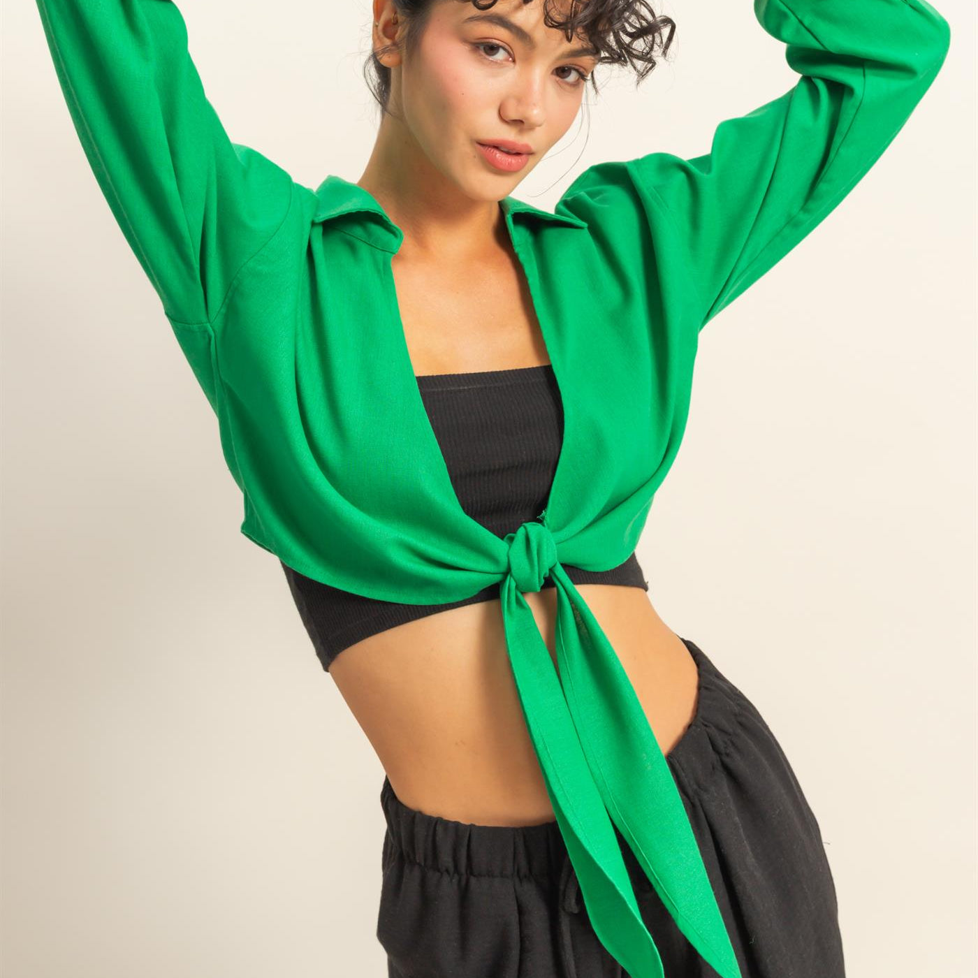 Wholesale Sand Washed Tie Front Crop Top Blouses DZ24C963 GREEN DOUBLE ZERO