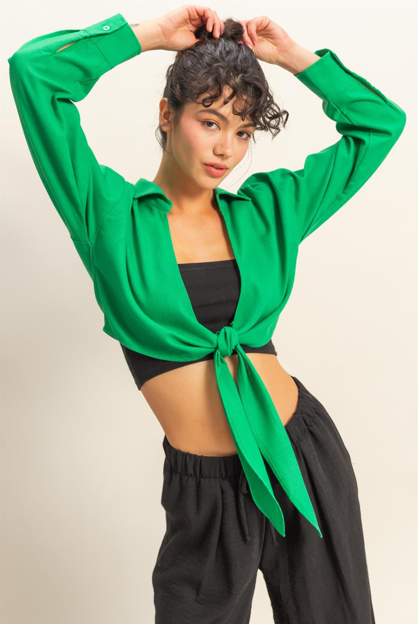 Wholesale Sand Washed Tie Front Crop Top Blouses DZ24C963 GREEN DOUBLE ZERO