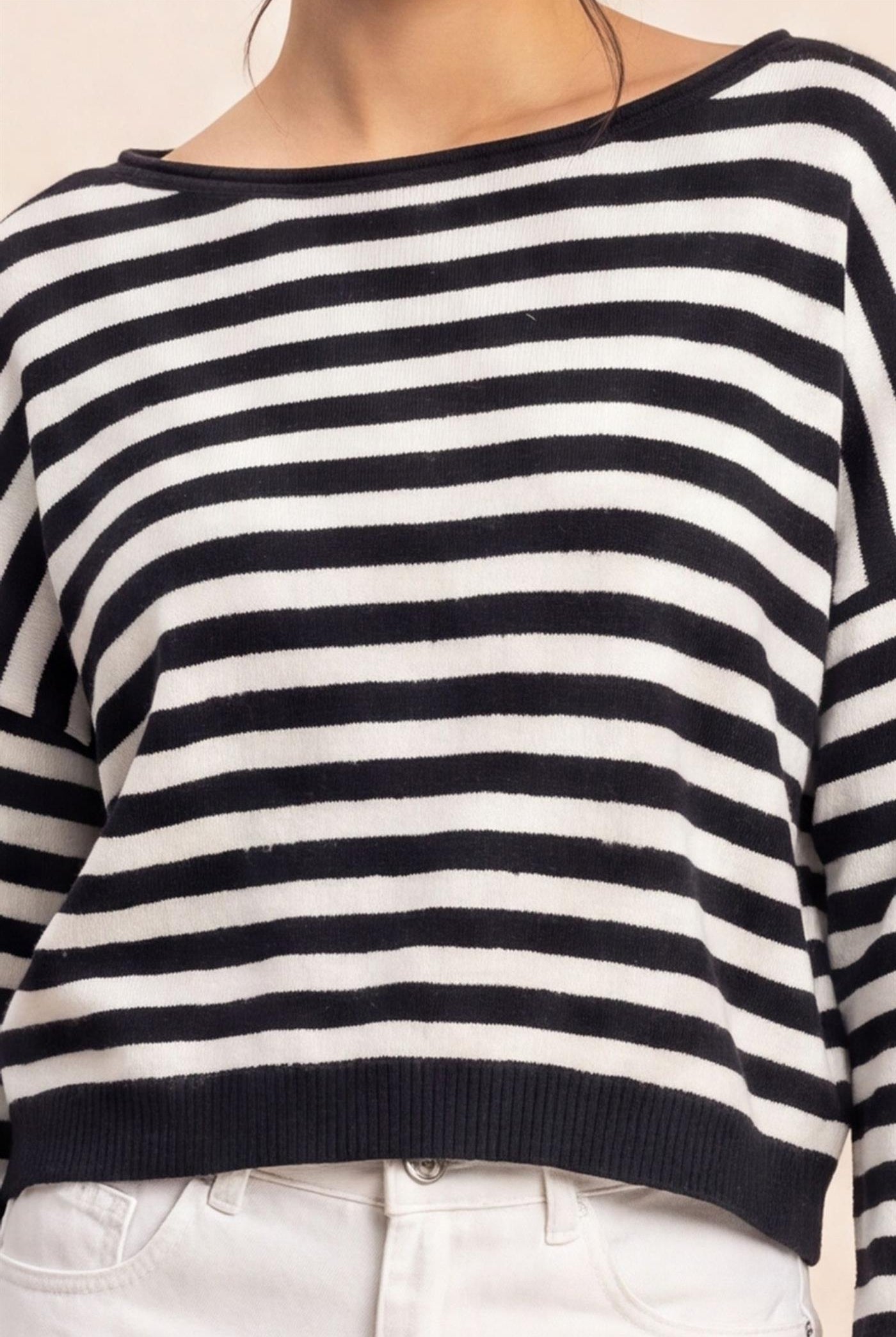Wholesale Off The Shoulder Striped Sweater Sweaters DZ26E653 BLACK DOUBLE ZERO