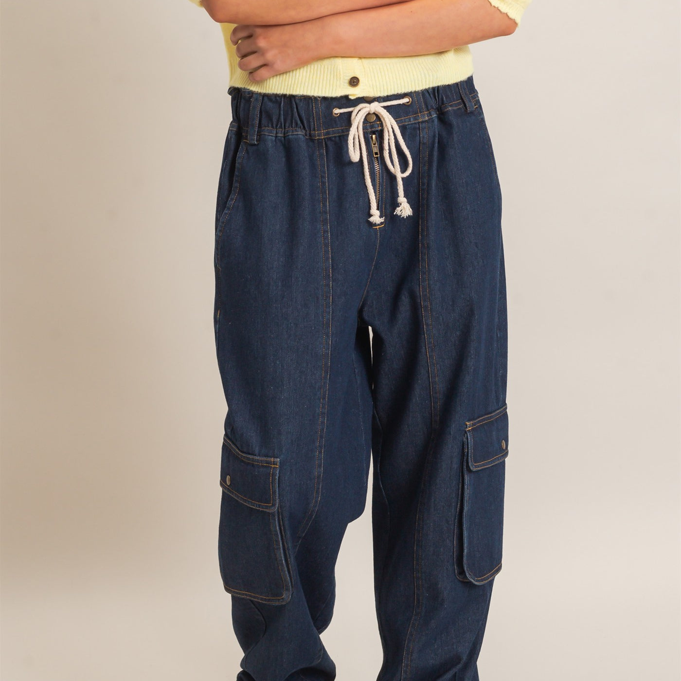 Wholesale Drawstring Cargo Denim Pants Pants HF26E182 DARK DENIM HYFVE
