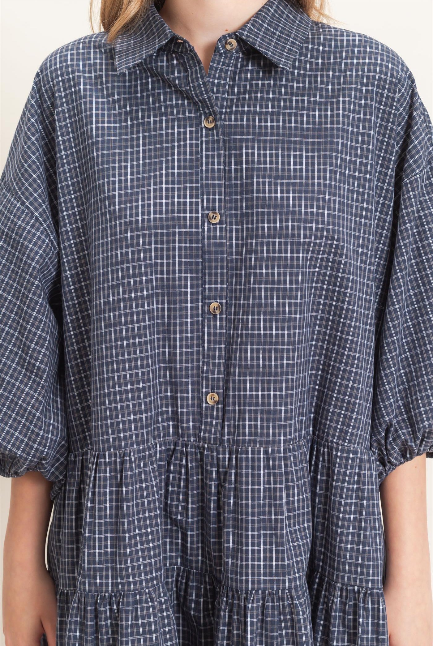 Wholesale Plaid Button-Down Tiered Dress Dresses HF26E795 NAVY HYFVE