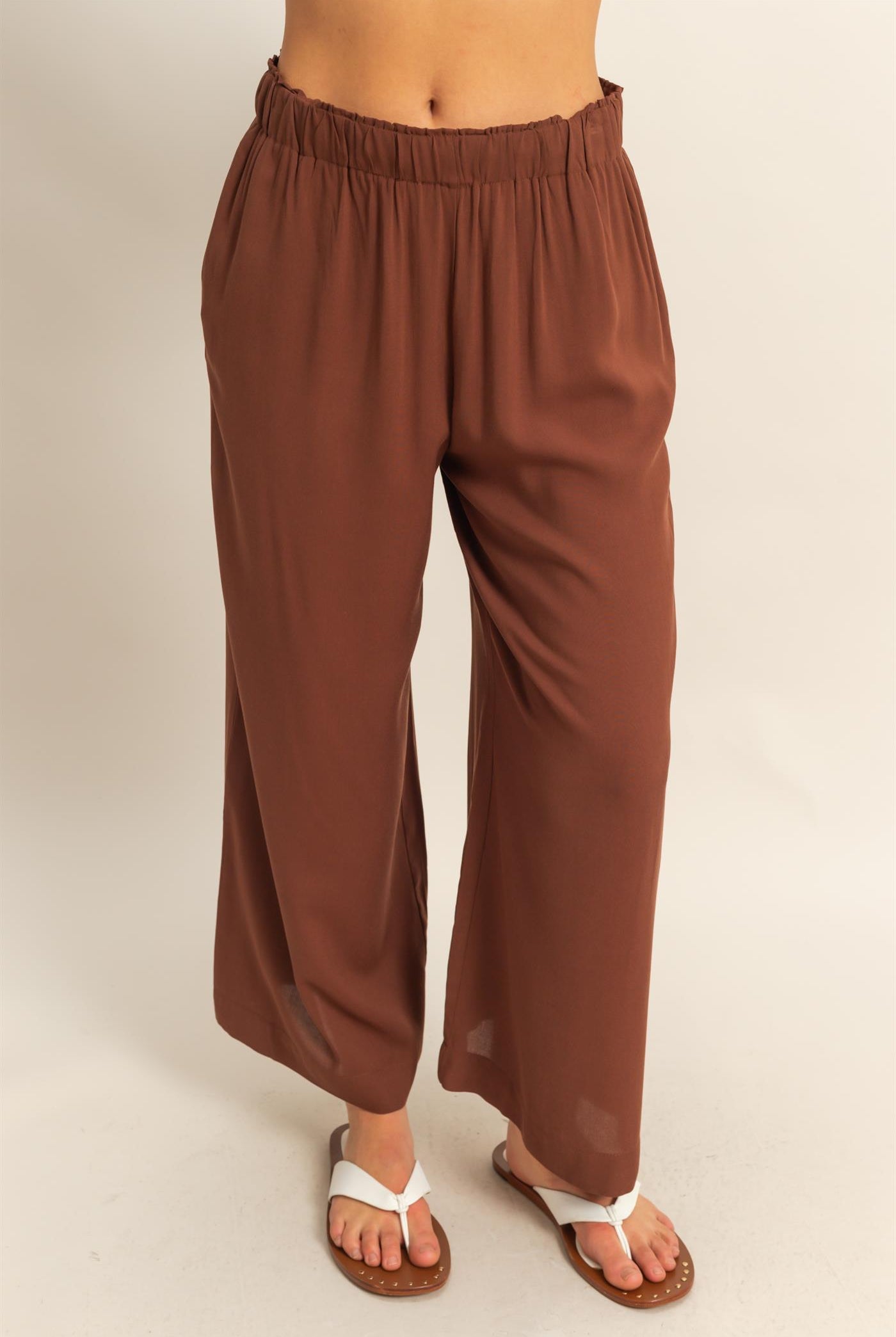Wholesale High Waist Woven Wide Leg Pants Pants DZ25C192 CHESTNUT DOUBLE ZERO