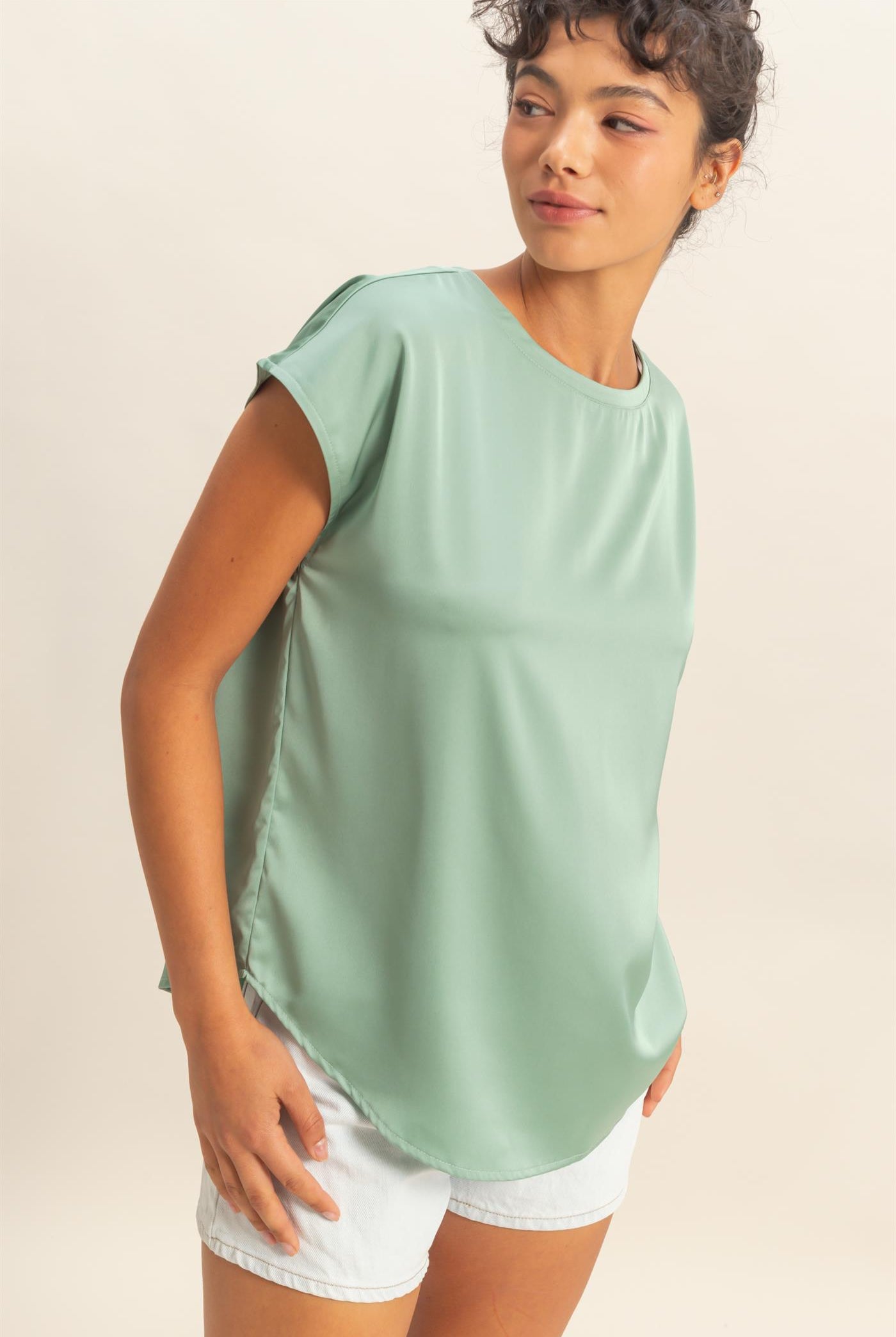 Wholesale Satin Dolman Sleeve Round Neck Blouse Clothing Tops DZ26C181 SAGE GREEN DOUBLE ZERO