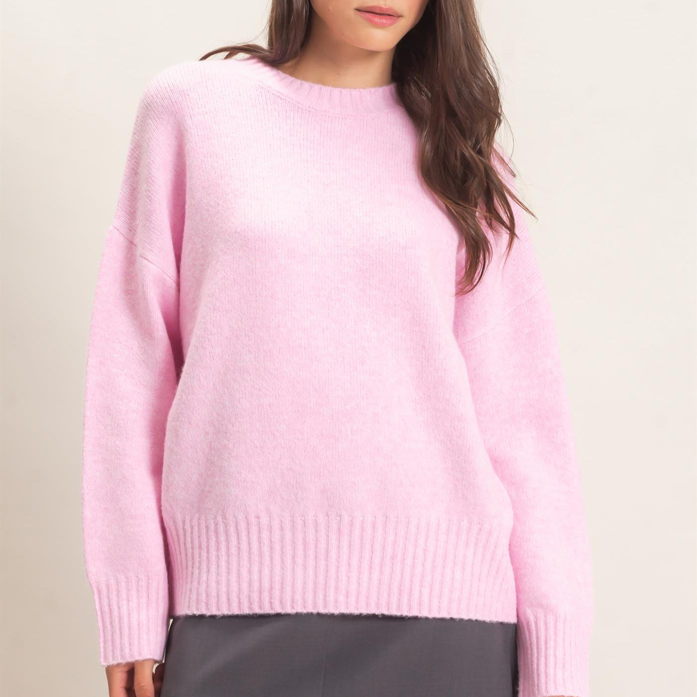 Wholesale Ribbed Crew Neck Sweater Sweaters HF26F179-D PINK HYFVE