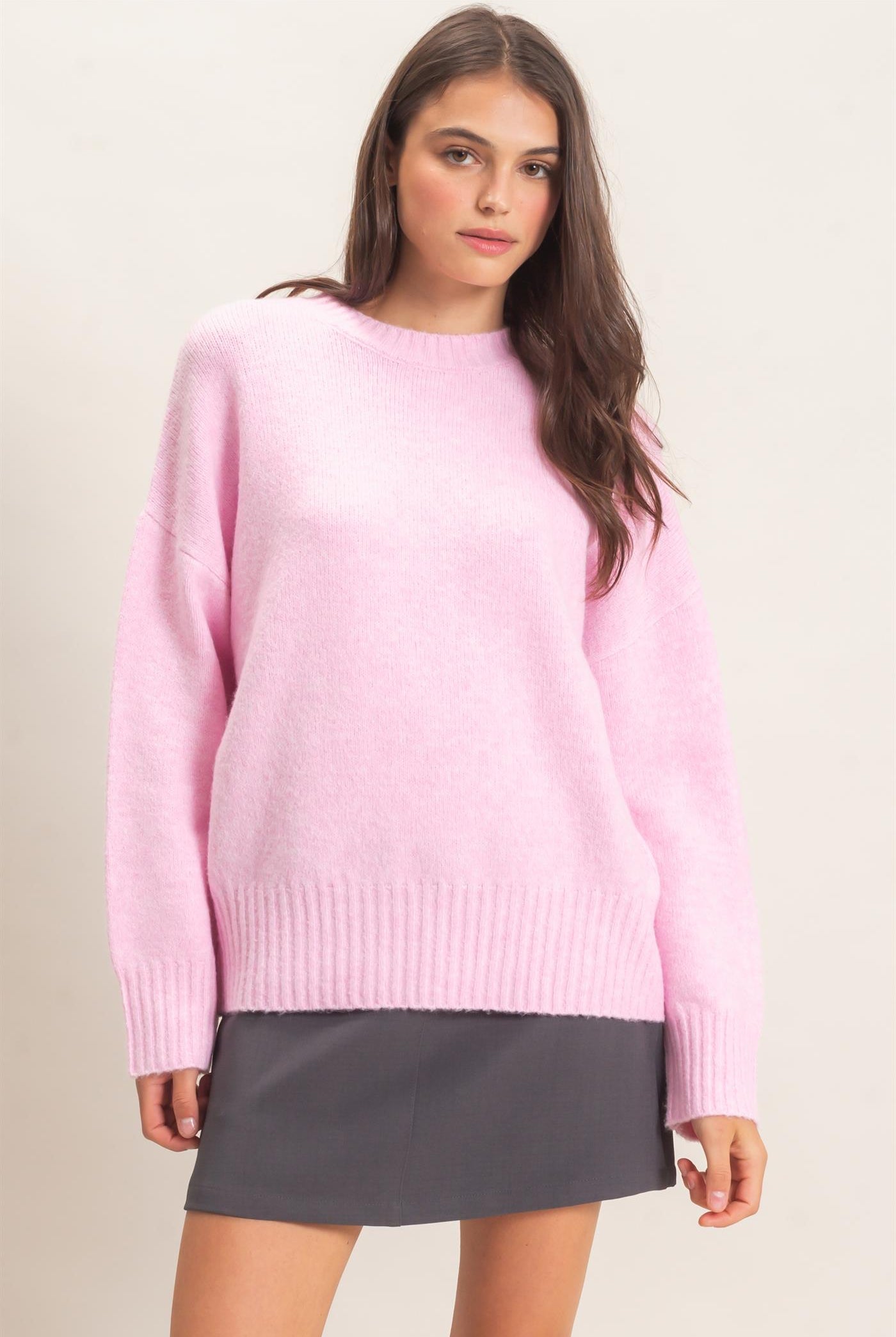 Wholesale Ribbed Crew Neck Sweater Sweaters HF26F179-D PINK HYFVE