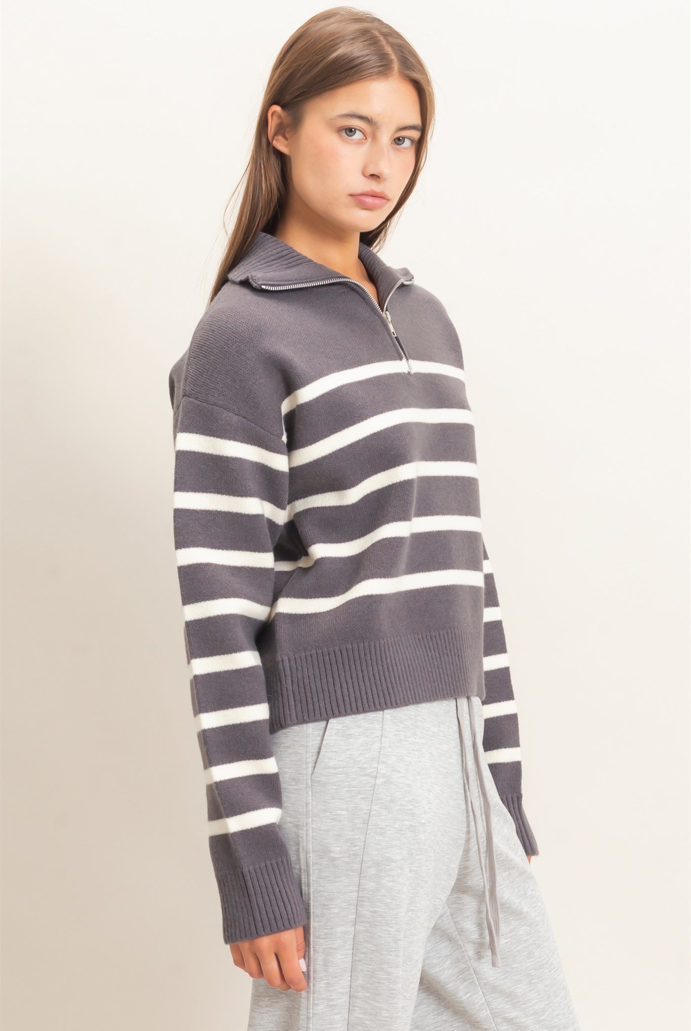 Wholesale Half-Zip Collared Stripe Sweater Sweaters DZ26E950 CHARCOAL DOUBLE ZERO